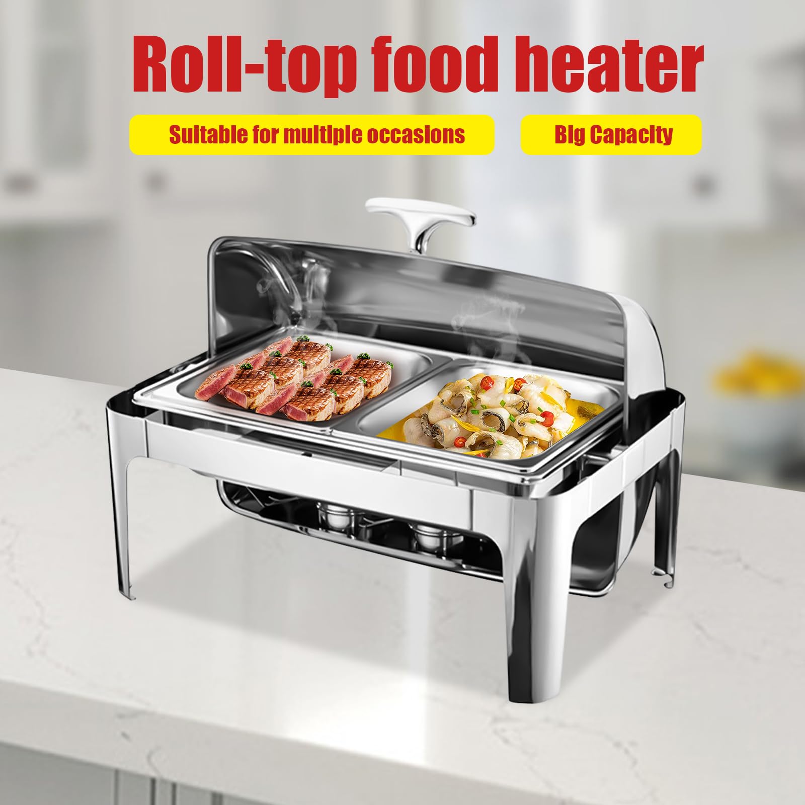 9 l in acciaio inox Chafing Dish | Grande capacità | Rolltop | Buffet & Party | Contenitore per acqua e pasta combustibile