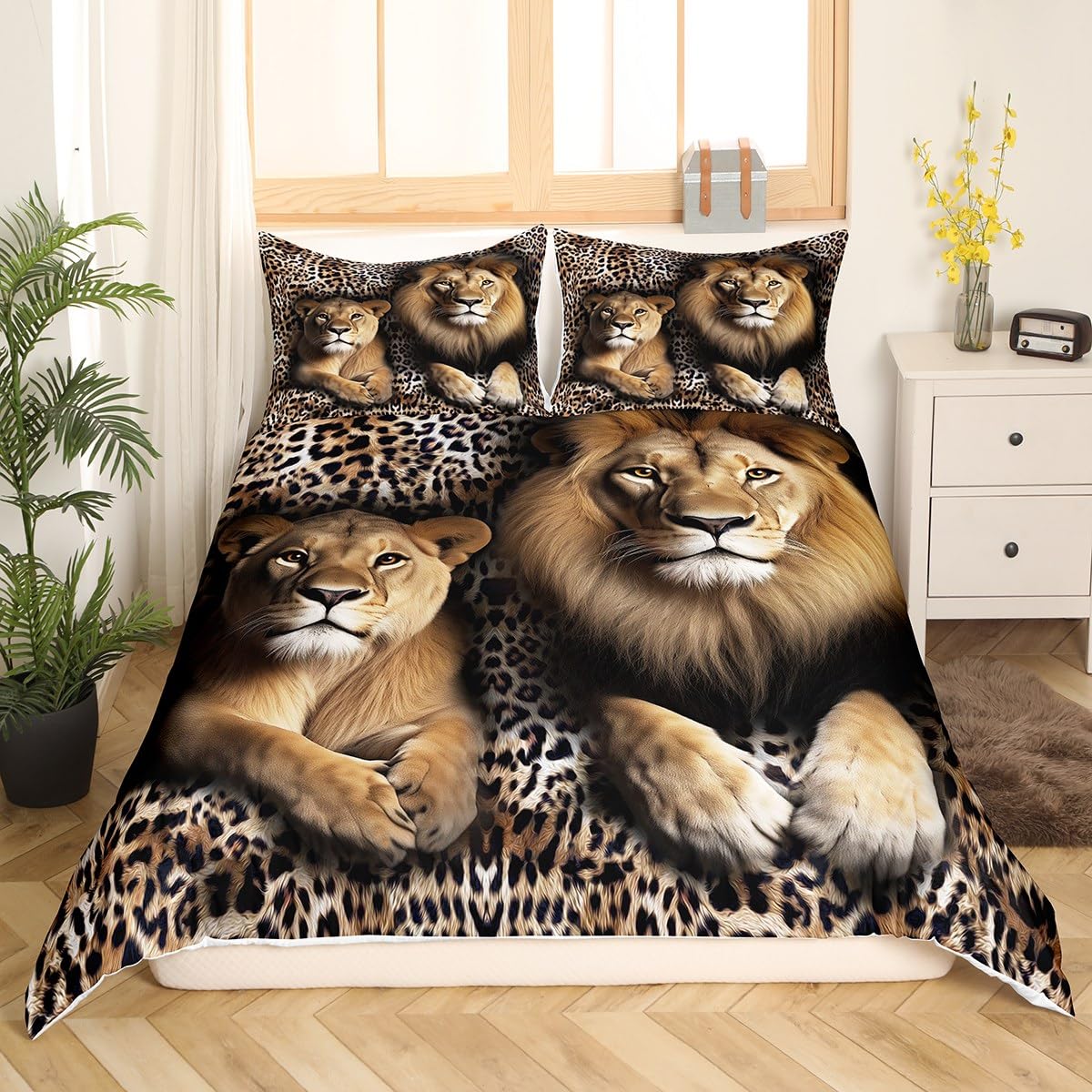 Lion Bedding Set Wild Lion Lover Couple Comforter Cover Queen 3Pcs for Kids Boys Girls African Animal Theme Duvet Cover, Black Brown Cheetah Leopard Print Bedspread Cover with 2 Pillowcases