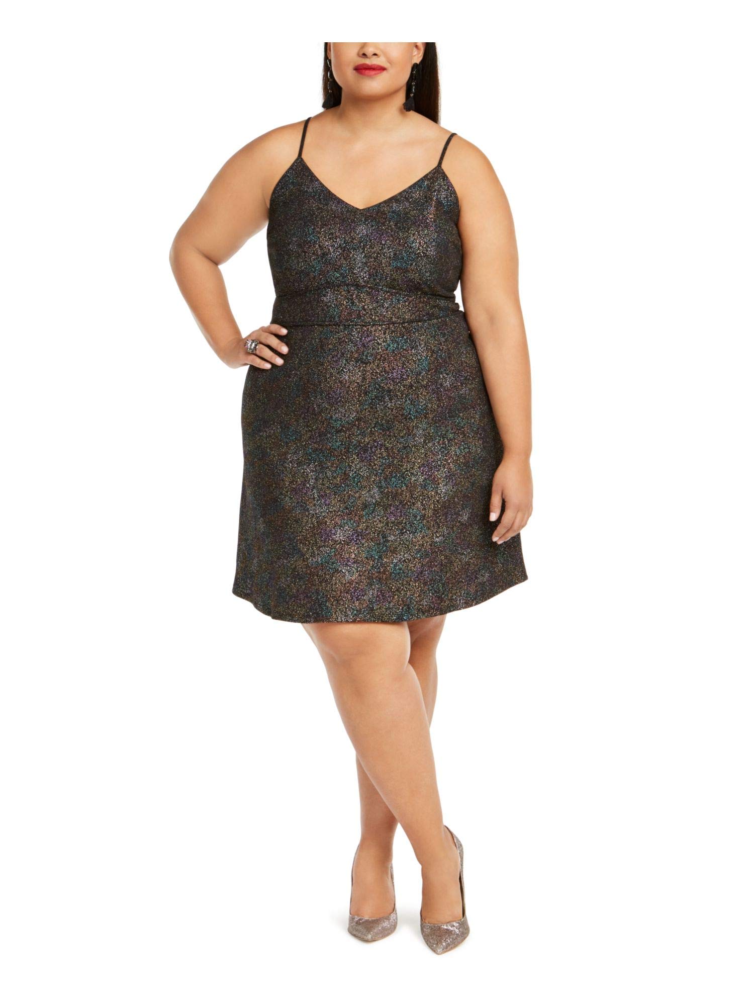MonteauWomens Black Sequined Glitter Spaghetti Strap V Neck Above The Knee Fit + Flare Party Dress