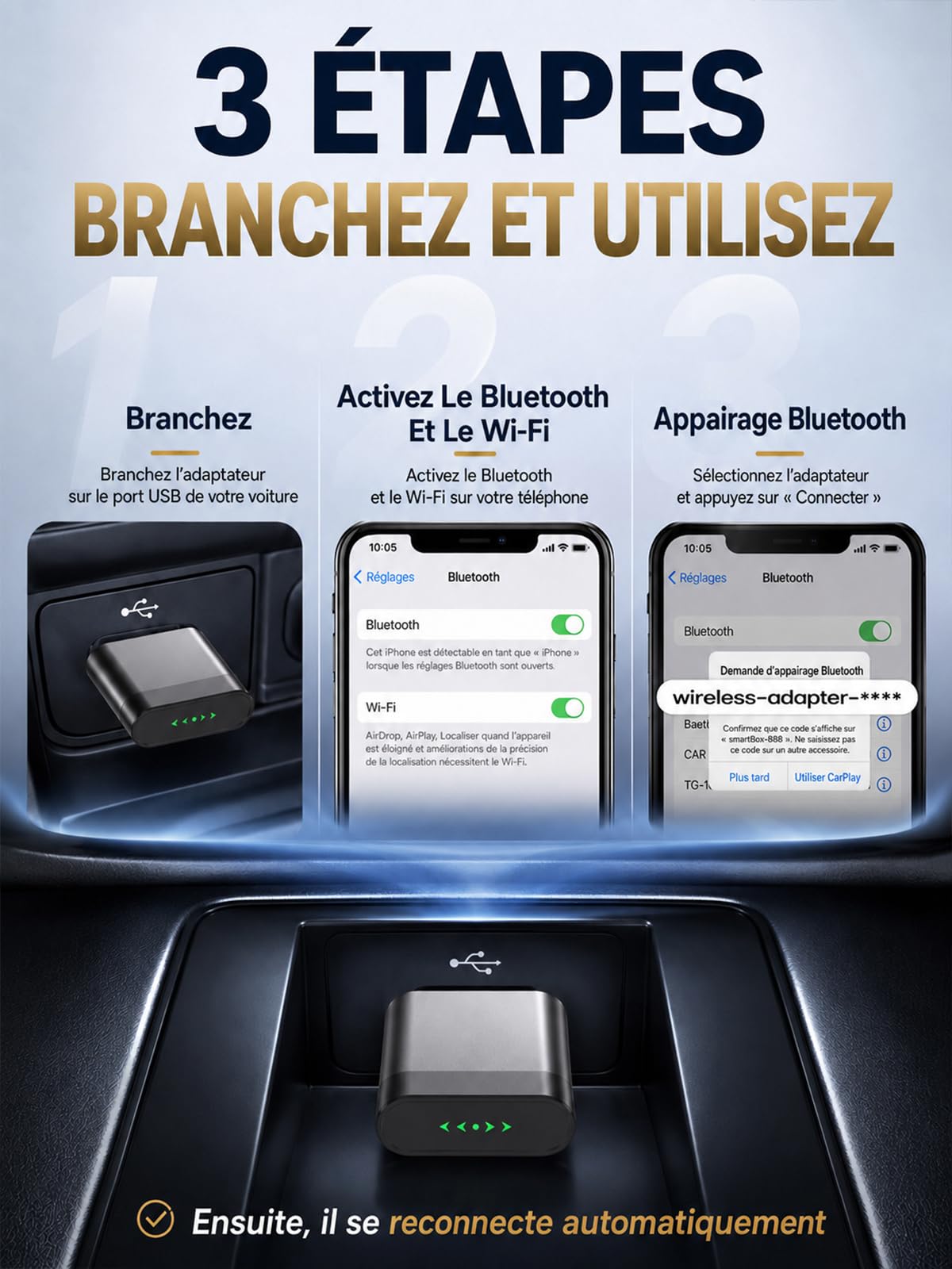 Mini Adaptateur CarPlay sans Fil pour Apple/Android Auto, Connexion Rapide, Android Auto sans Fil pour GPS Portable Voiture, sans Latence & Surchauffe, Compatible avec iPhone (iOS 10+) et Android 10+