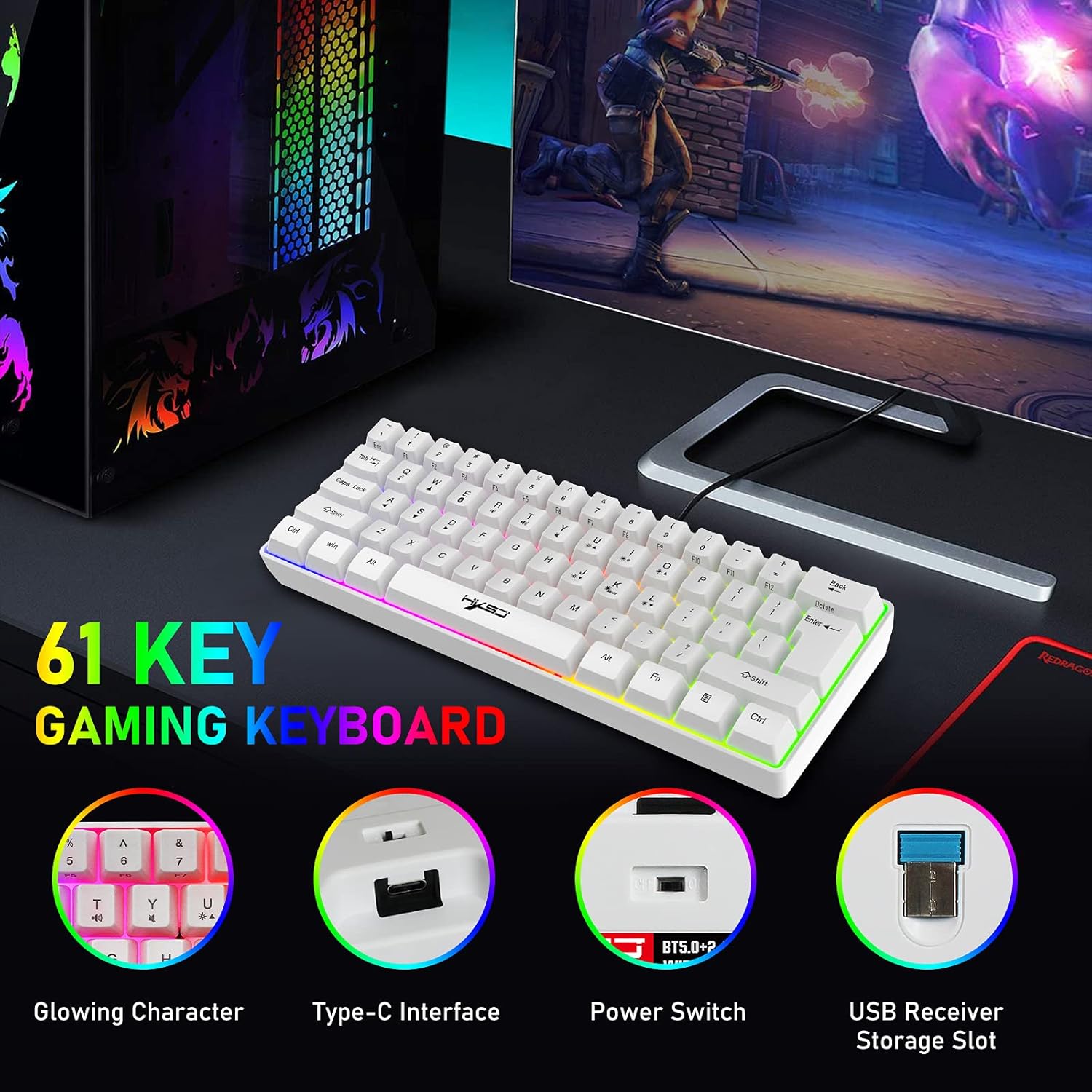 4 in 1 Wireless Gaming Keyboard Mouse and Converter with RGB Backlit Mini 61Key Ergonomic Honeycomb Shell 2.4Ghz USB Receiver Bluetooth Wired Adapter for PS4 PS3 Xbox Switch PC Mac Gamer Typist(White)