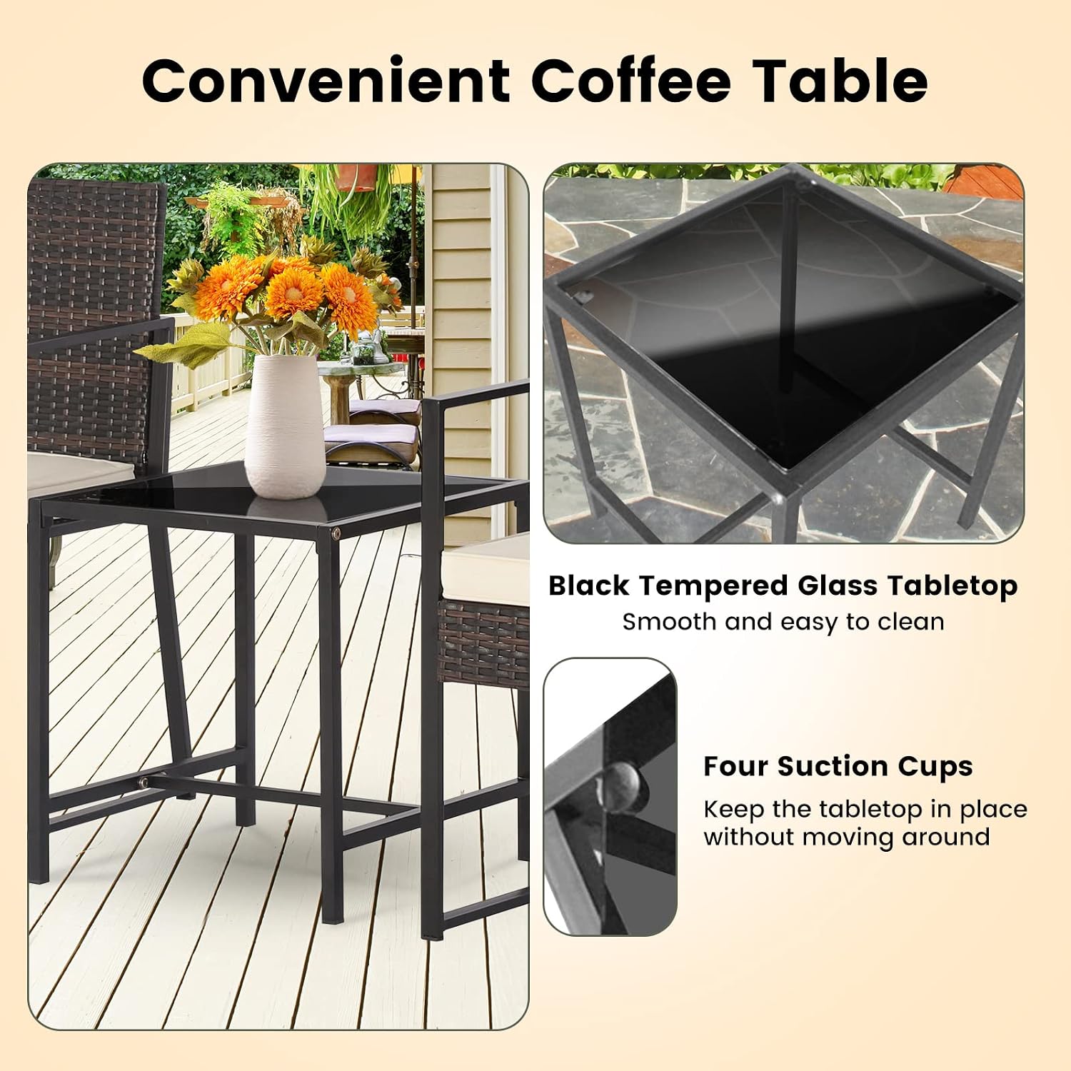 COSTWAY 3 Pieces Patio Bistro Set, Outdoor Rattan Chair Sofa with Coffee Table, 2 Cushions, Wicker Conversation Set for Garden, Balcony, Backyard, Porch, Mix Brown