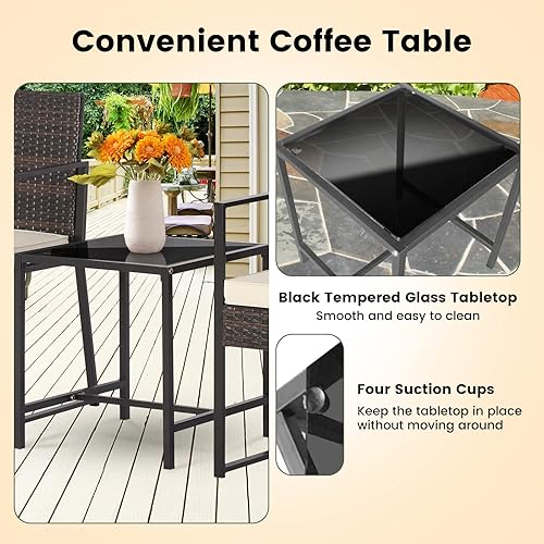 Miniatura 7 de COSTWAY Juego de 3 piezas de patio bistró, sofá de ratán para exteriores con mesa auxiliar, 2 cojines, juego de conversación de mimbre para jardín,