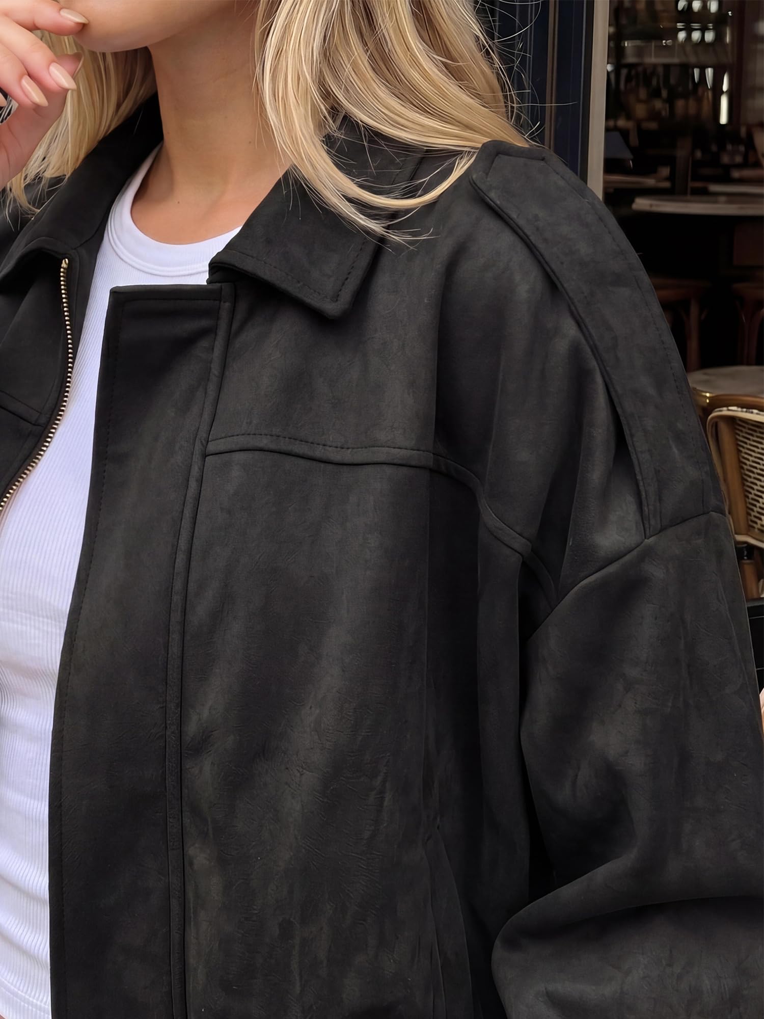 Allegra K Blouson bomber zippé en daim synthétique pour femme | Vestes de moto surdimensionnées décontractées en cuir à manches chauve-souris à revers de printemps
