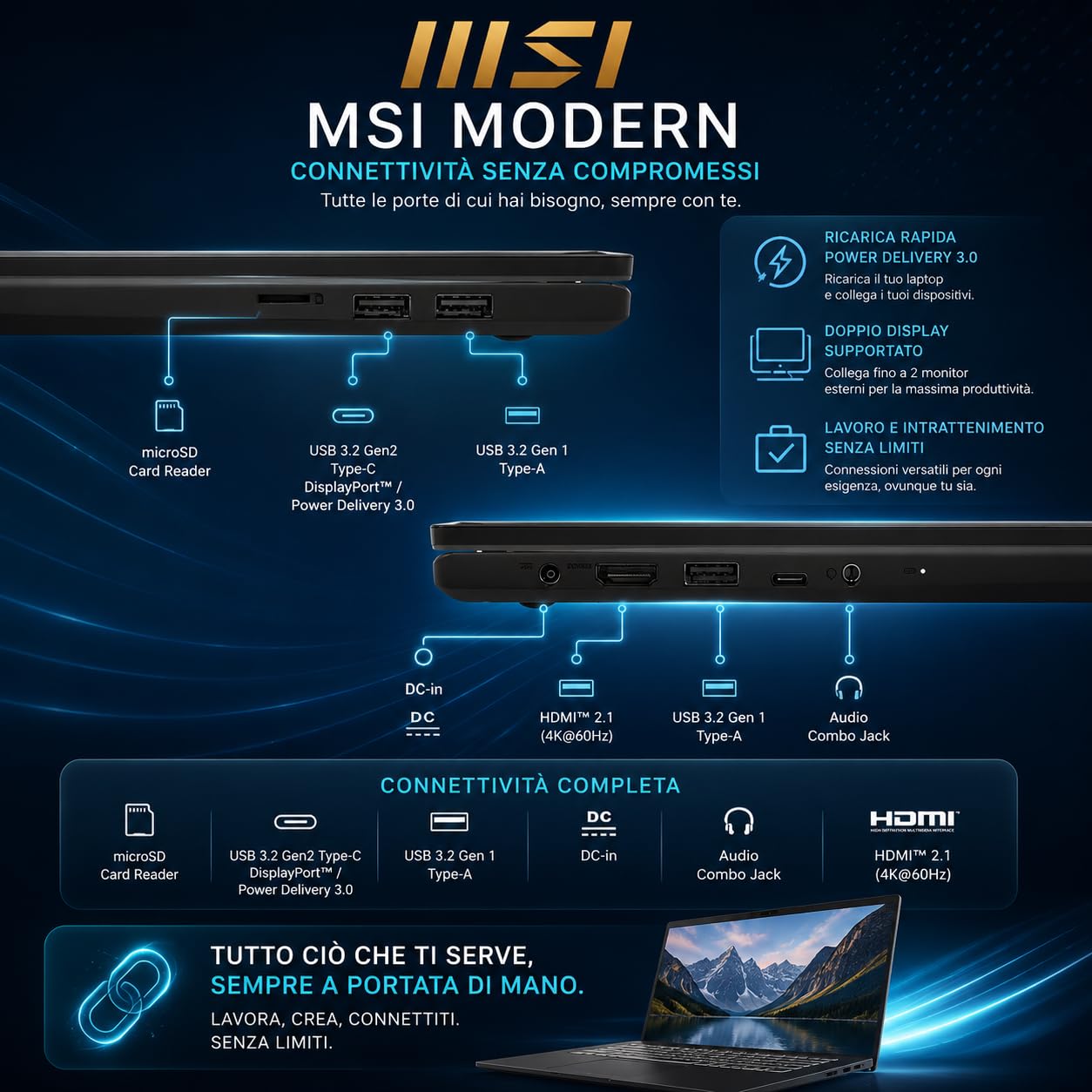 msi Modern AI Notebook Intel Core Ultra 9 285H, Ram DDR5 32Gb, 1Tb, Win11 | 16Core fino a 5.40 GHz, SSD PCI Nvme da 1 Tb, Memoria Ram DDR5 32Gb, Intel ARC Graphic, Display port, Win11, Garanzia Italia