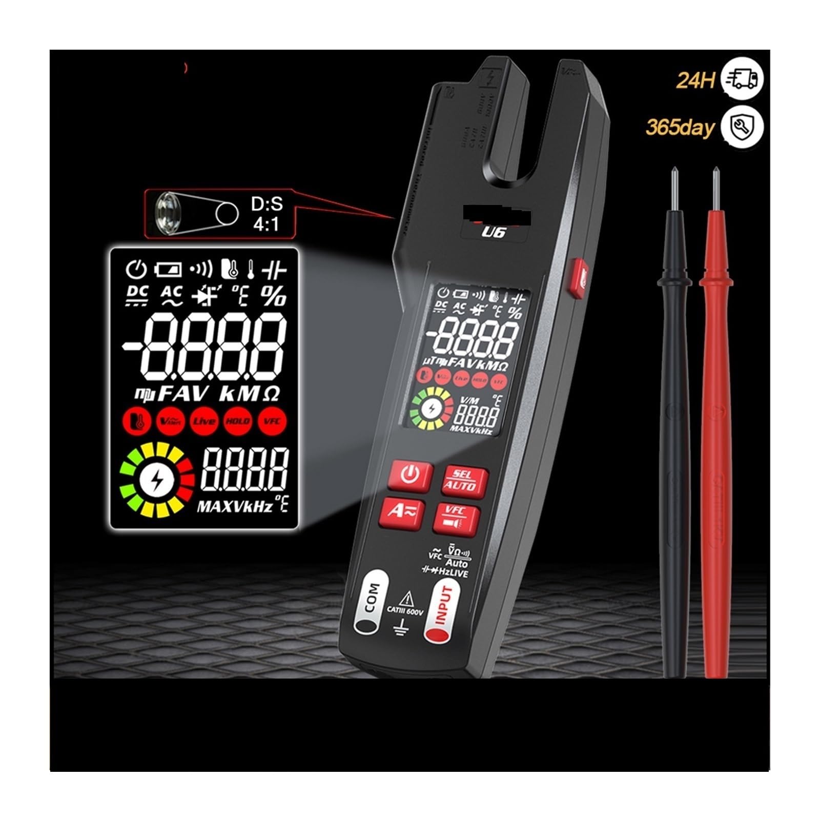 Pinza amperimétrica digital, Medidor De Pinza Digital Profesional U6 Horquilla 600A Amperímetro Alica T-RMS DC AC Corriente Abierta Mandíbula Eléctrica Ter Auto Multímetro