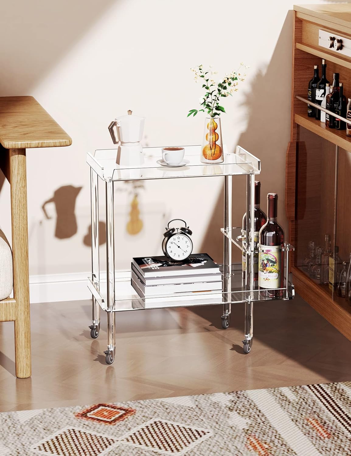 Acrylic Bar Cart, Serving Cart with Wheels Rolling Cart (Clear, Small)
