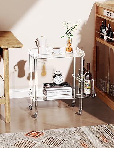 Miniatura 6 de solaround Carrito de barra de acrílico, carrito de servicio para el hogar con ruedas bloqueables, con estante de vino transparente, para cocina y