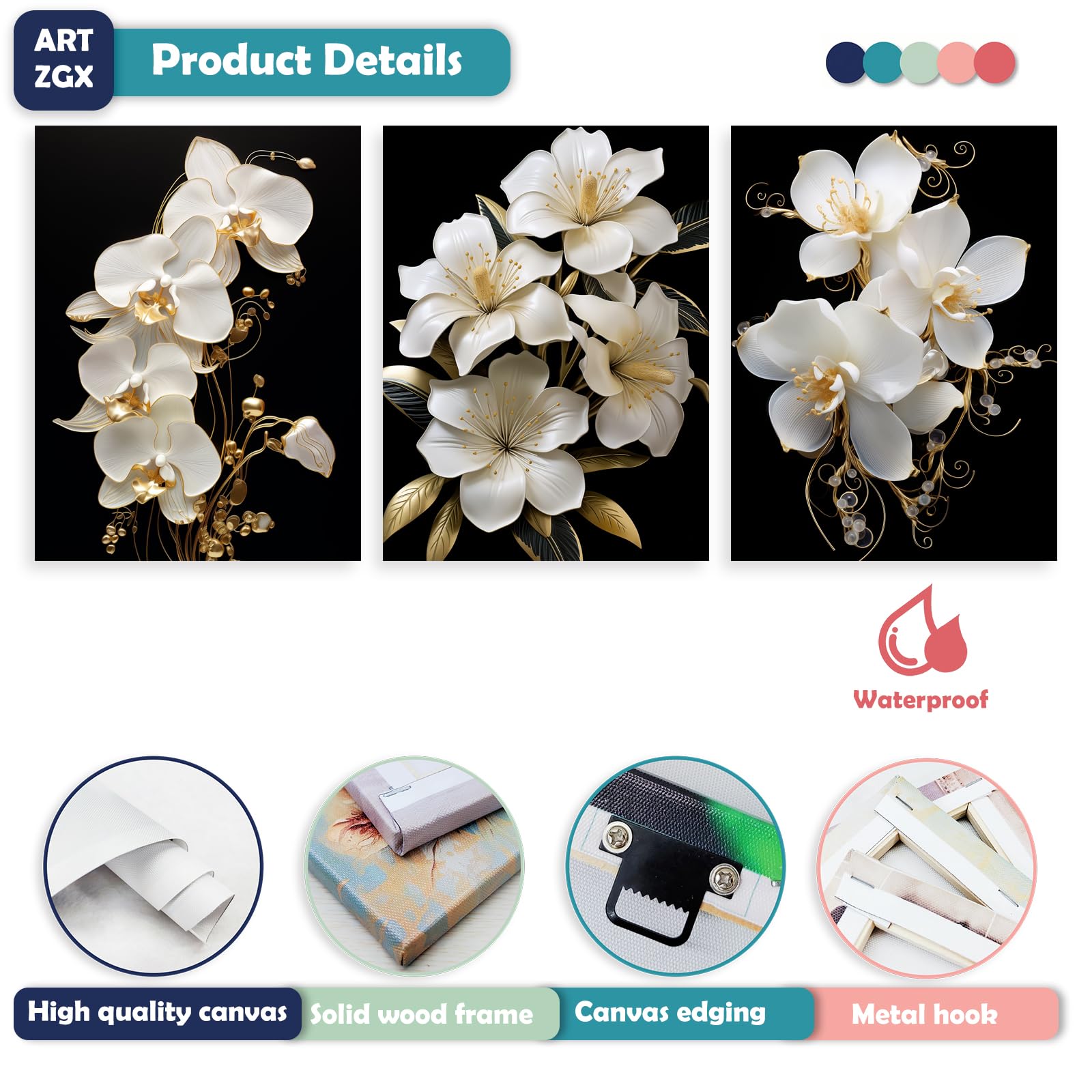 Amazon.co.jp: ARTZGX 3ピース 蘭 ウォールアート ホワイトゴールド 花