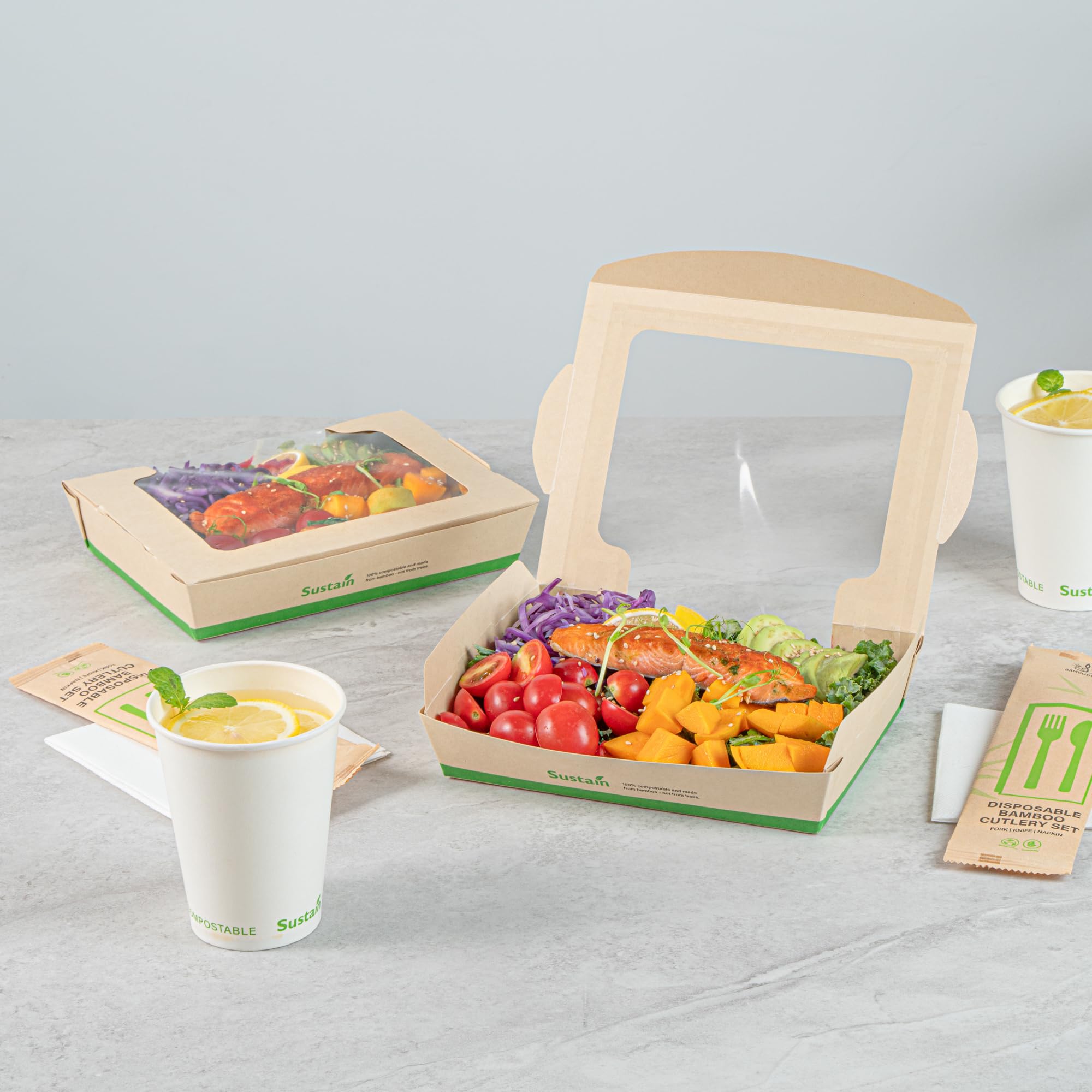 Restaurantware - Stabile Papierboxen zum Herausnehmen von Lebensmitteln, 1,2 l, 200 Einwegbehälter zum Herausnehmen – mit PLA-Futter, zwei transparenten Fenstern, Bambus-Papierbehälter, kompostierbar,