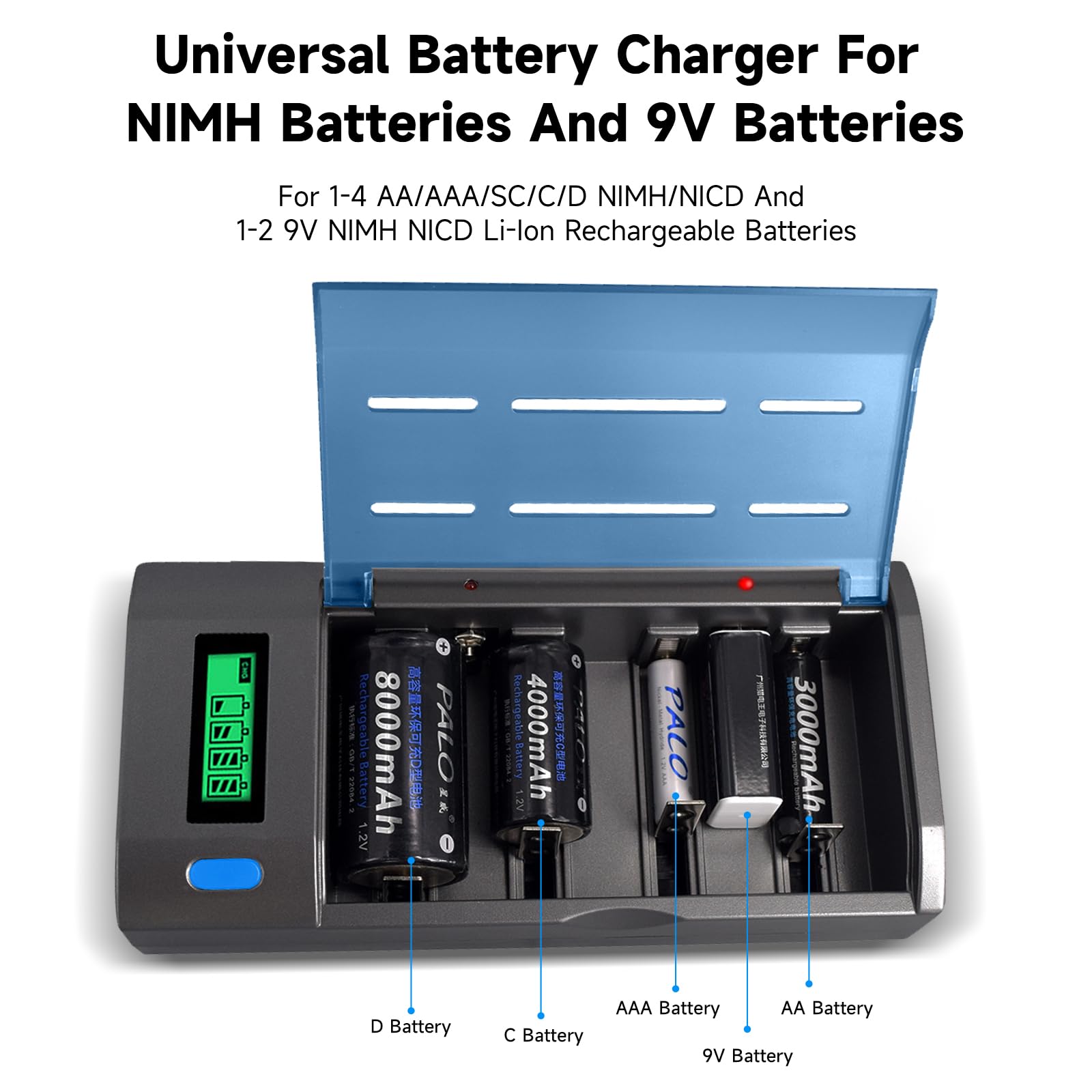 Lot de 4 piles D avec chargeur universel pour piles rechargeables AA AAA C D 9 V NiMH NiCD, fonction de décharge et écran LCD, charge rapide (micro USB ou type C)