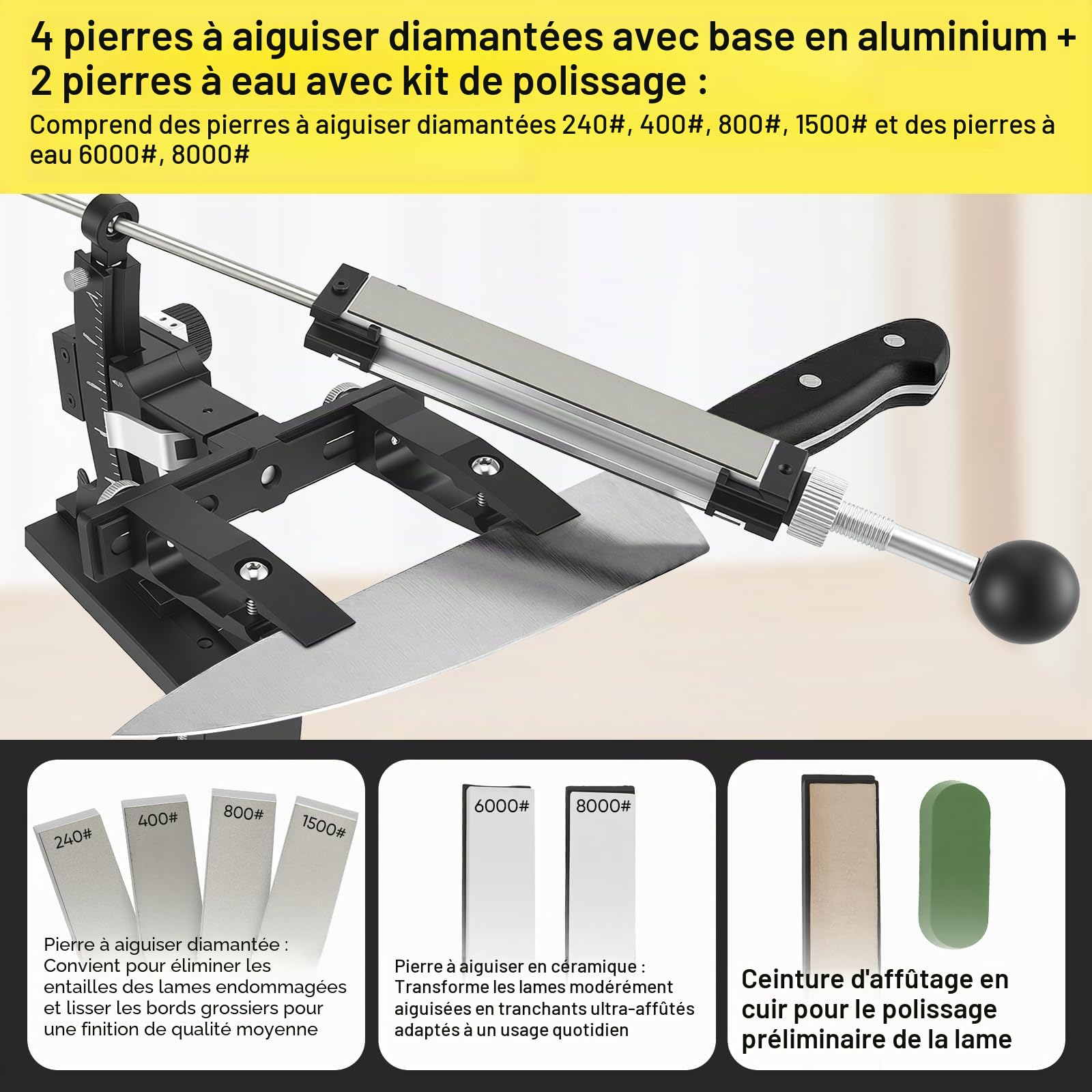 Affûteur de Couteaux Manuel Professionnel en Aluminium CNC, Système de Pierres avec Pince Double Face 360°, 6 Pierres (240-8000) et Fixation Établi Stable