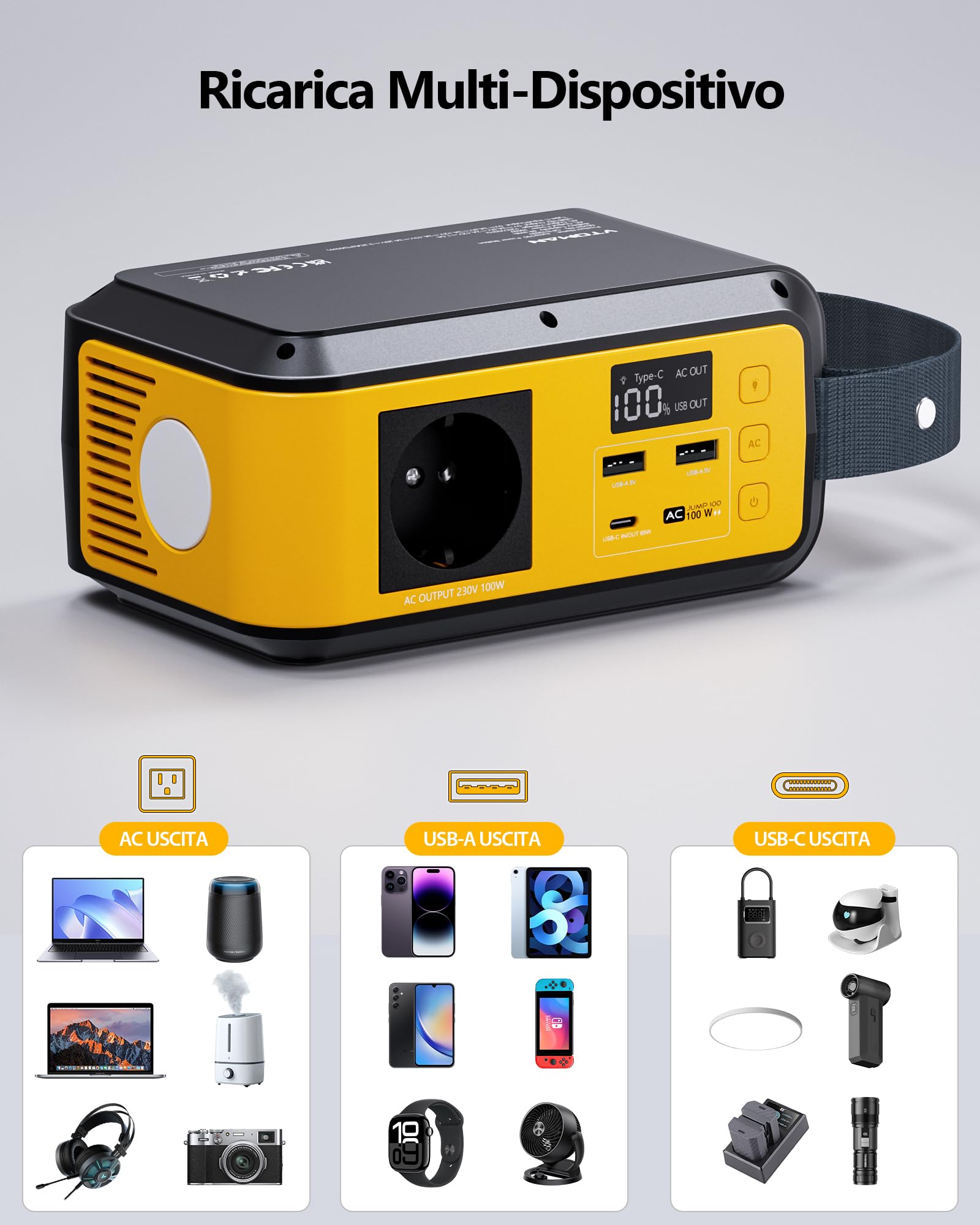 VTOMAN Jump 100 Centrale Elettrica Portatile 100W/89.6Wh - Generatore Solare, Batteria LiFePO4, Presa e PD 65W Ricarica Rapida,Piccolo e leggero per ampeggio, viaggio a piedi