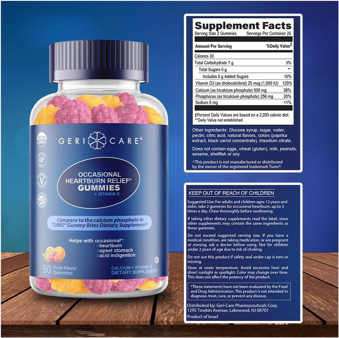 GeriCare Antacid with Vitamin D Gummies, Compare to Toms Gummy Bites, Fruit Flavor, 50 Count, Non-GMO, Gluten-Free, Vegan, Naturally Sourced for Heartburn, Upset Stomach & Acid Indigestion (2 Pack) - Image 4