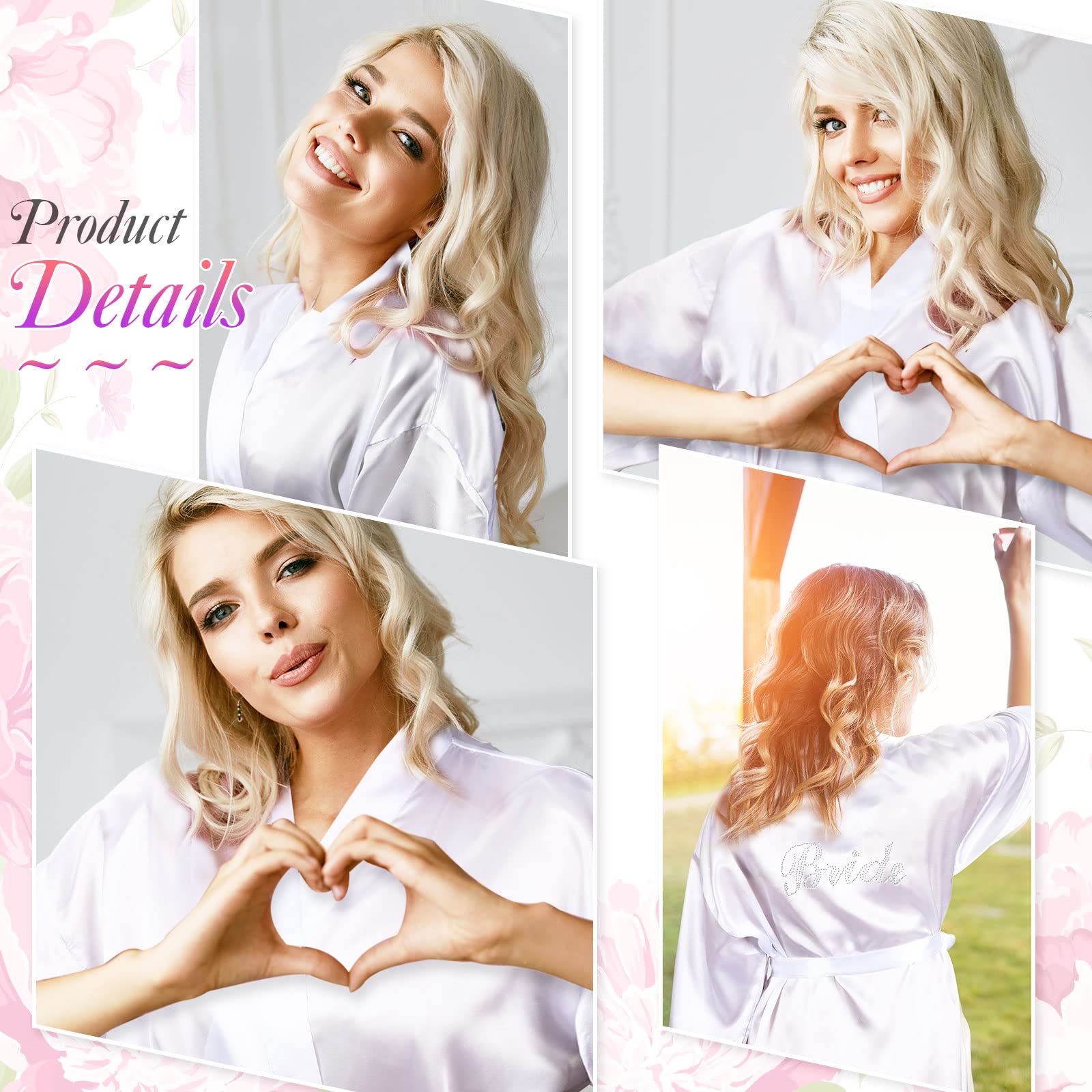Lot de 7 peignoirs en satin pour demoiselle d'honneur - Pour fête de mariage, blanc/rose, taille unique