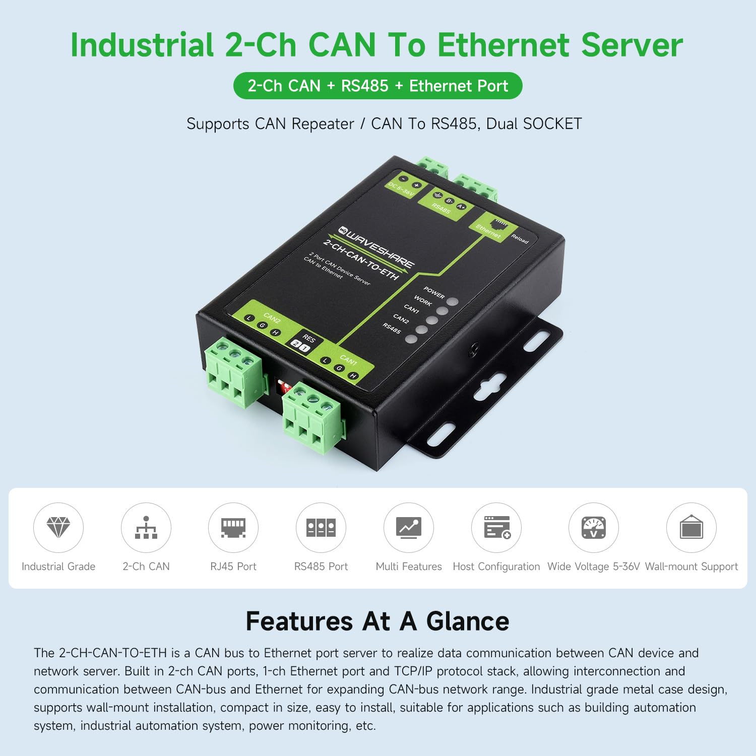 Waveshare 2-Channel CAN Bus to Ethernet Gateway Server RS485 Industrial Protocol Converter DIN-Rail