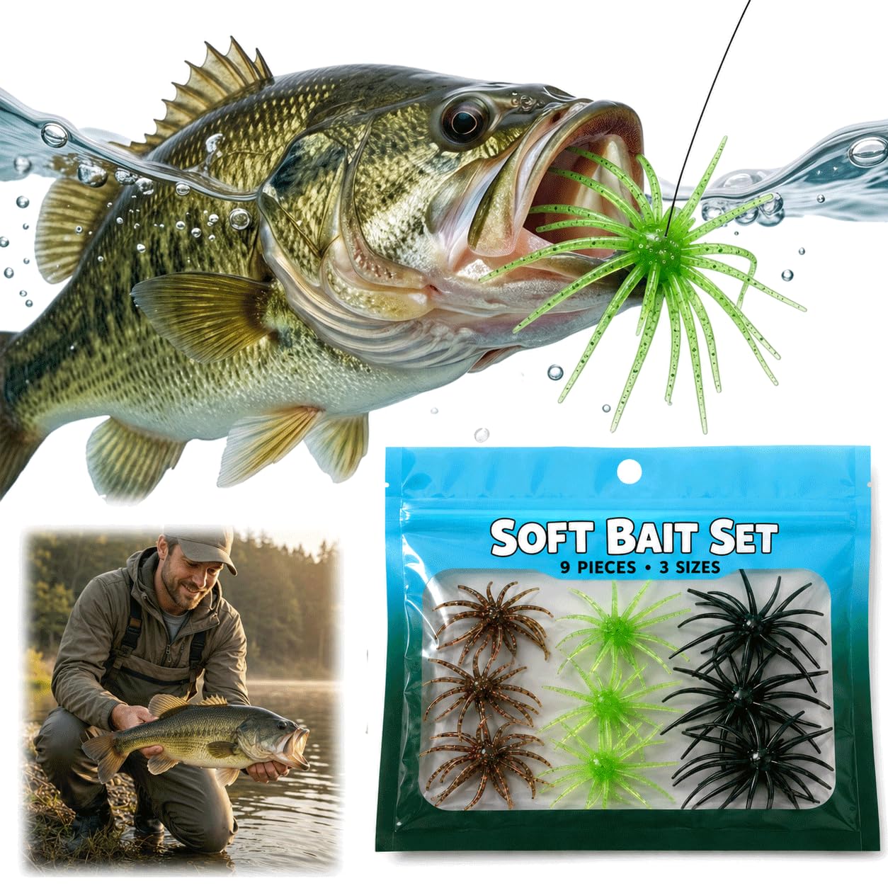 9Pcs Simulation Sea Urchin Bait for Black Pits, Realistic Fishing Lure for Bass & Perch, Floating TPR Swimbait with Reflective Stars, Artificial Worm Bait for Saltwater & Freshwater