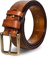 Wolksprong Men's Heavy Duty Full Grain Leather Work Belt - 1.5" Wide, 4mm Thick, Brass Buckle, Gift Box