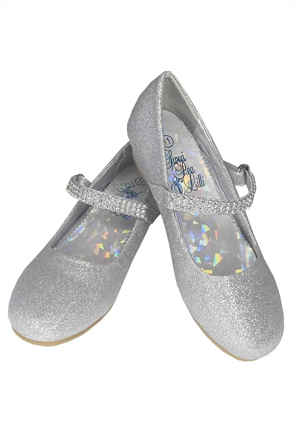 SWEA Pea and Lilli Girls Dress Shoes Silver for Christmas and Holiday Parties - Toddler, Big and Little Kids 1 Inch Mary Jane Glitter Low Heels - Zapatos para Niñas de Vestir Size