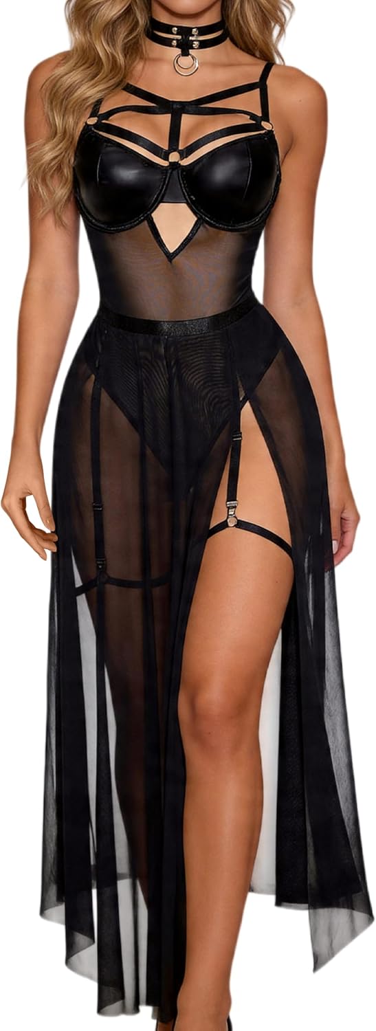 FEOYA Women's PU Leather Lingerie Set Sexy Halter Bra Top Sheer Mesh Split Maxi Skirt with Thong Nightgown