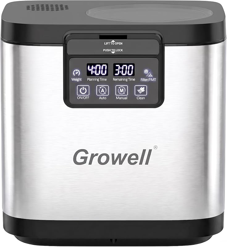 Growell 4L Electric Composter for Kitchen, Countertop, Indoor Compost Bin | 2 Carbon Filter, 30K-Hr Brushless Motor, <40dB, LED Touch Panel, Auto-Clean, Visible Window, Handle Bone, Food Waste Recycler
