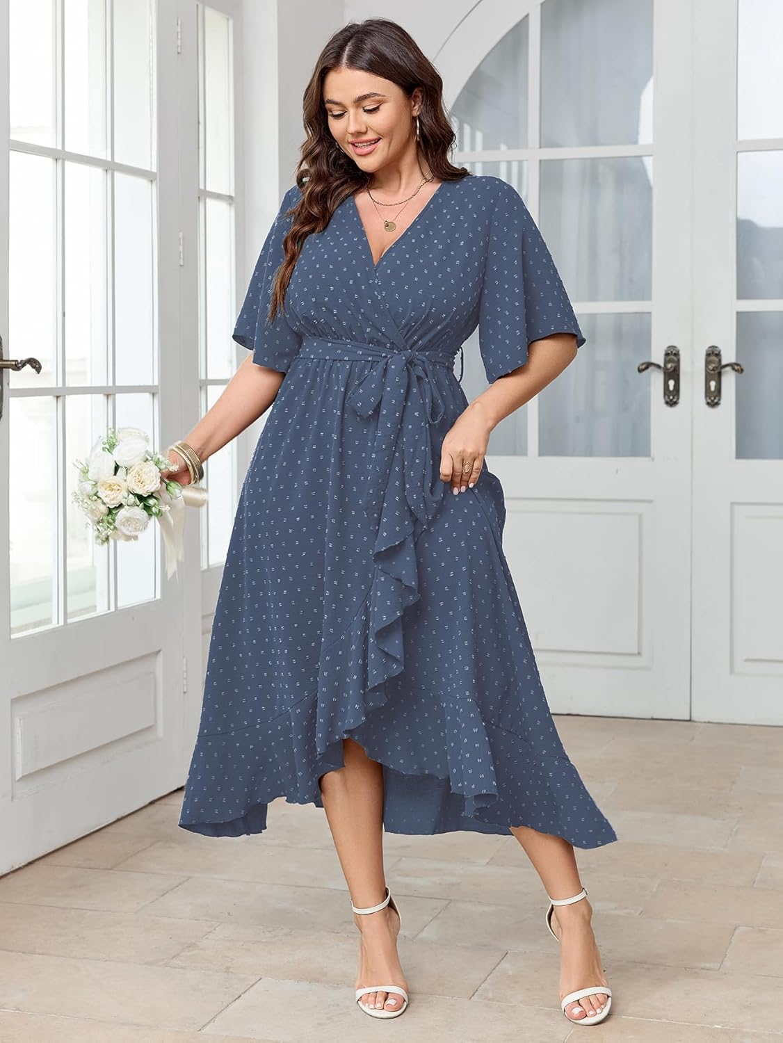 SCOMCHIC Women's Plus Size Summer Dresses Short Sleeve Wrap V Neck Swiss Dot Boho High Low Split Ruffle Maxi Dress - Image 4