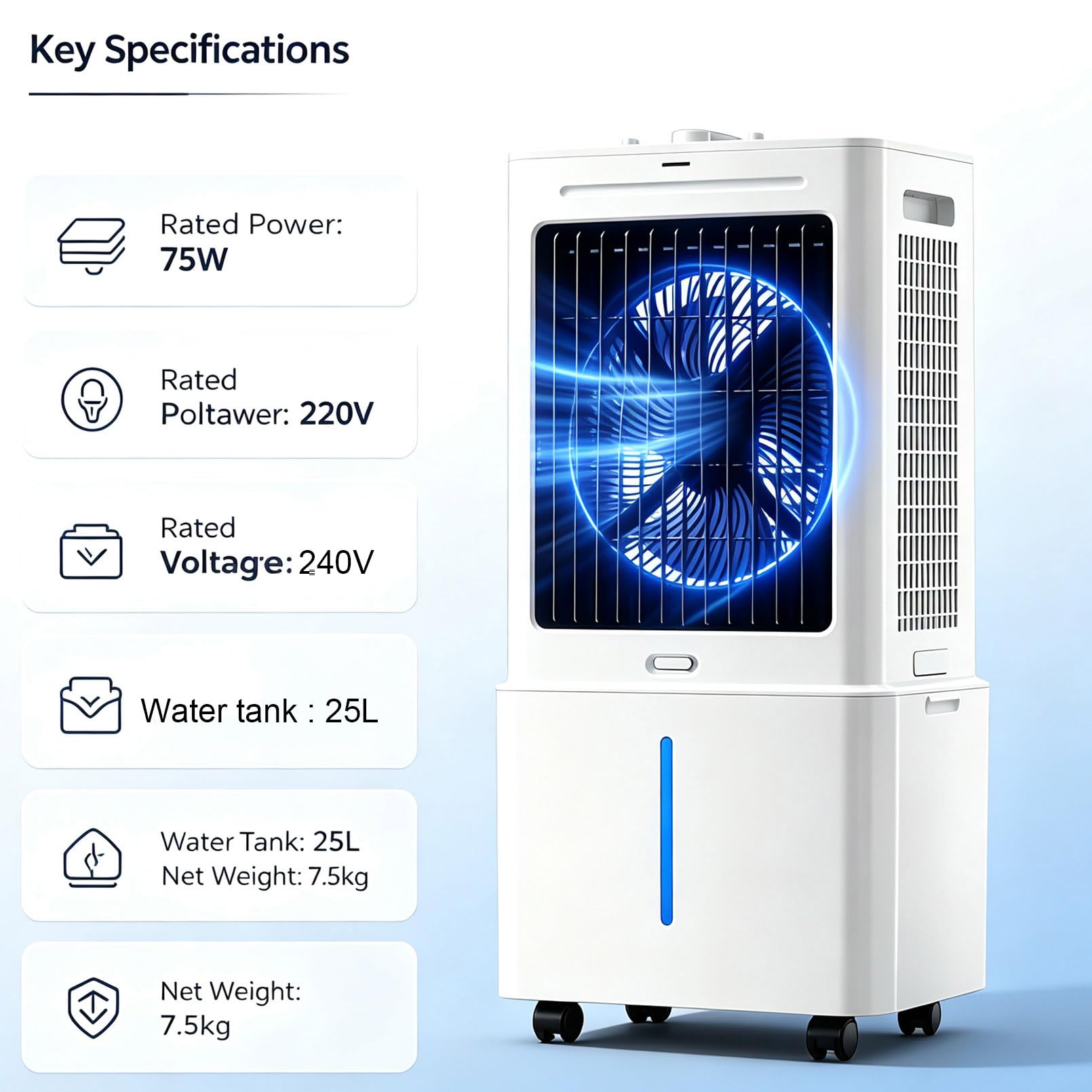 Enfriador de Aire Evaporativo 25L para Hogar, Climatizador con Mando, Temporizador 12H, 4 Bloques de Hielo, Viento Gran Angular, 75W