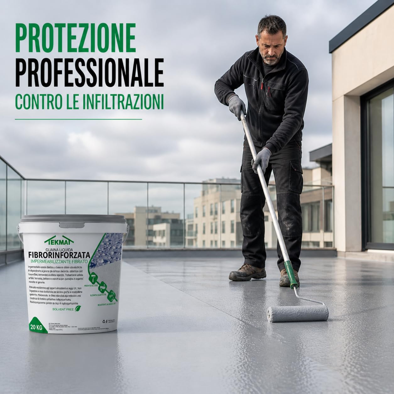 Guaina Liquida Impermeabilizzante Fibrorinforzata TEKMAT 20 kg – Membrana Elastica Calpestabile Resistente UV per Terrazzi, Tetti, Balconi, Lamiere – Monocomponente Pronta all'Uso (20 kg, Grigio)