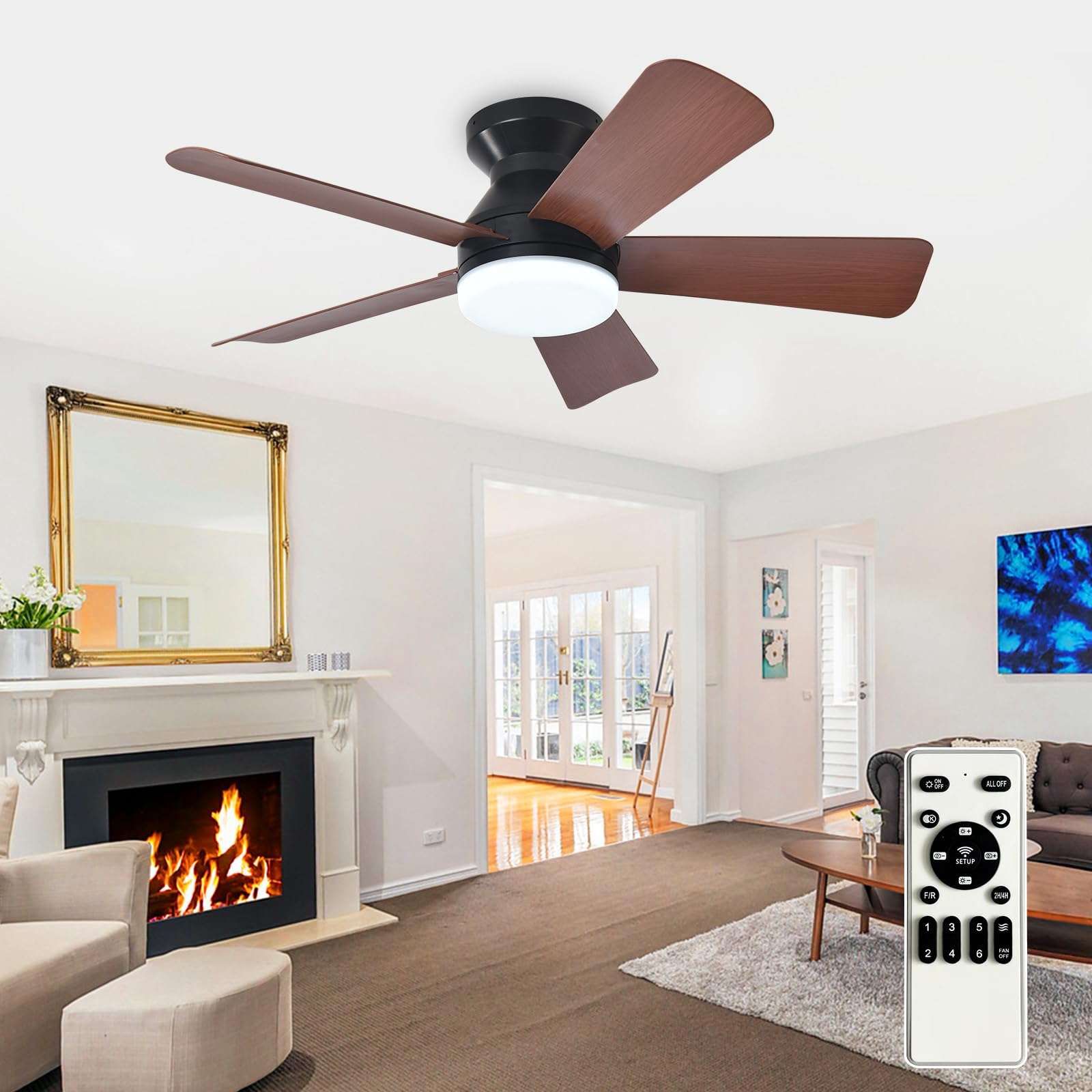 Depuley Ventilador de techo moderno con luz: Ventiladores pequeños negros de 35 pulgadas para dormitorio - Ventiladores de techo empotrable regulables con mando a distancia 5 aspas de nogal invertido