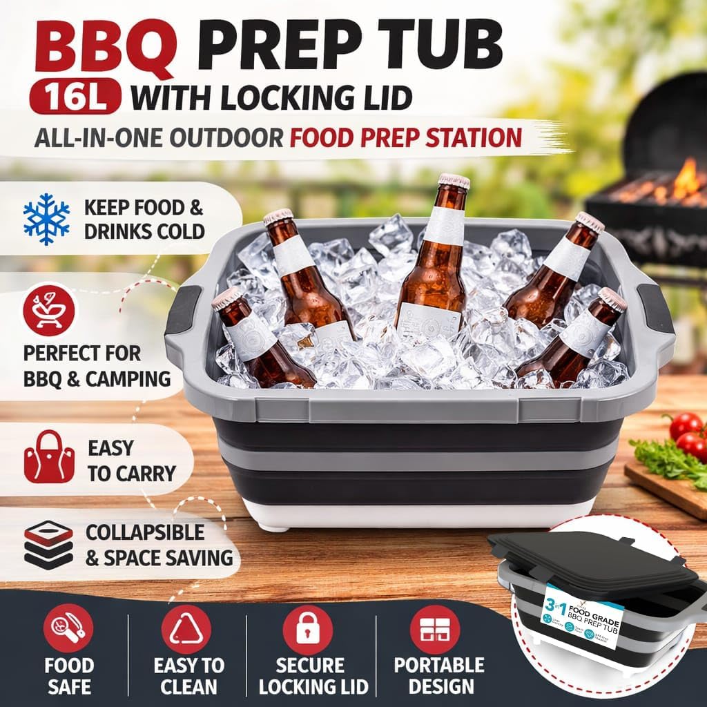 BBQ Prep Tub with Locking Lid, 2 Meat Shredder Claws Collapsible Cutting Board with 3 Adjustable Heights. BBQ Prep tub & Resting Bag, Multifunction Basin for Kitchen, Grilling, Camping & Picnics.