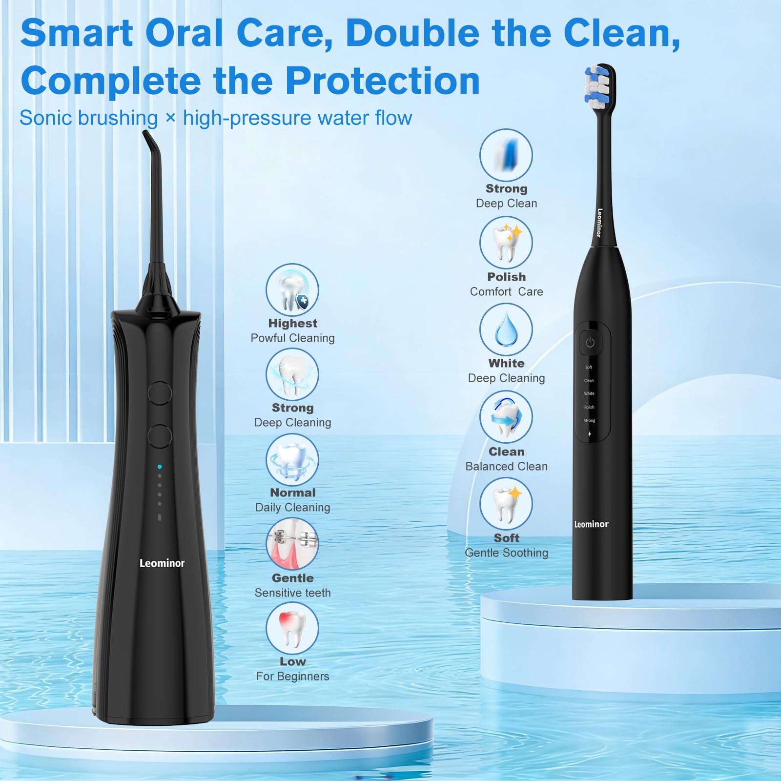 Leominor Set 2 in 1 con idropulsore e spazzolino elettrico per uso familiare, kit portatile per l'igiene orale con diverse modalità, grande serbatoio d'acqua, set per la pulizia dei denti e il filo
