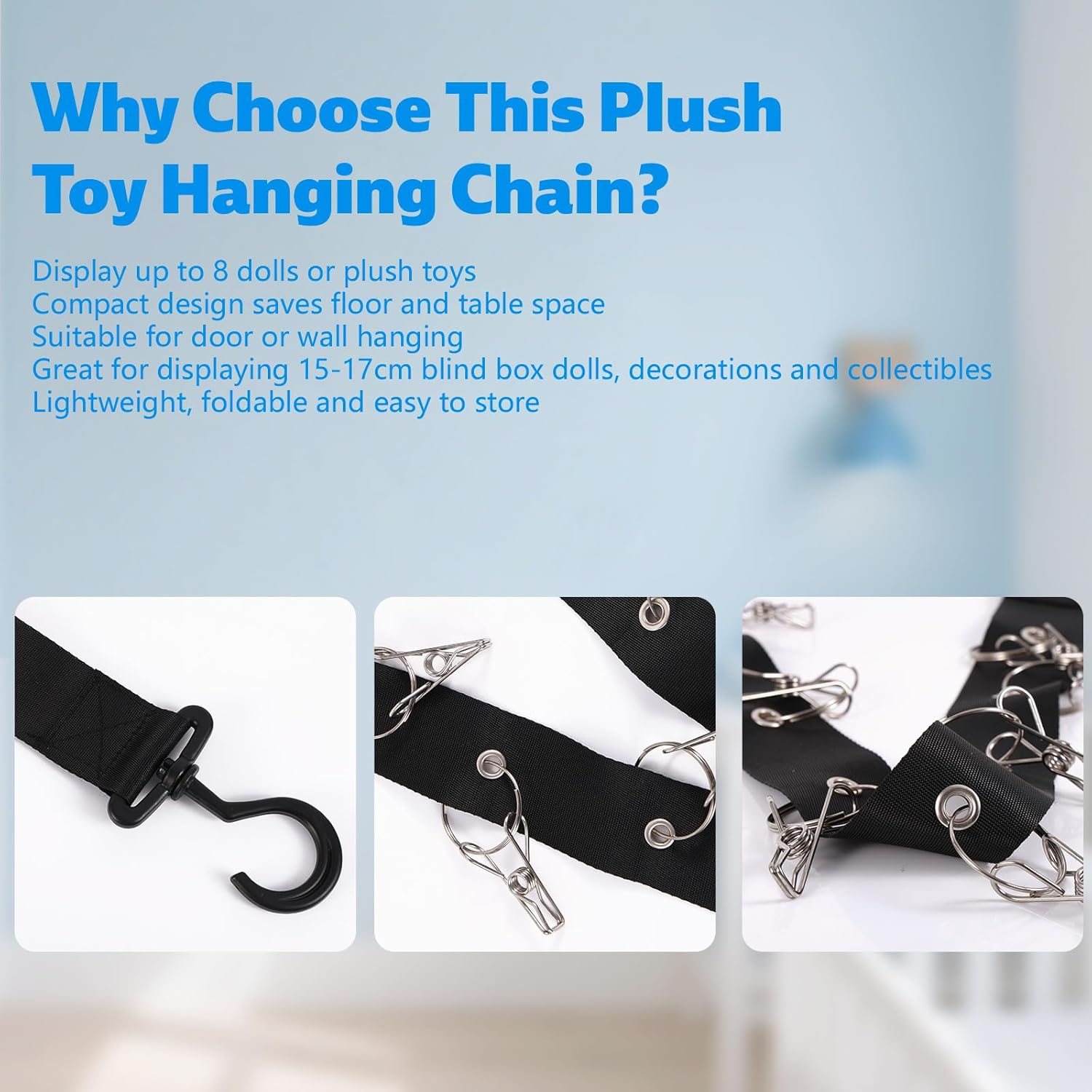 Plush Toy Display Strap with 8 Metal Clips, Hanging Wall Doll Organizer for 15-17cm Blind Box Dolls & Plush Animals Storage (Black)