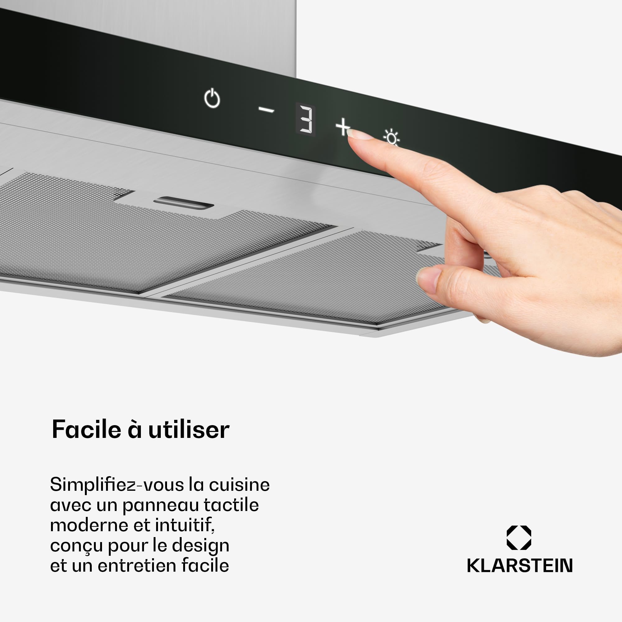 Klarstein CurveVent Hotte Murale - 90cm Hotte Aspirante, 676 m³/h, Éclairage LED, Tactile, A+ Énergie, Silencieuse 56 dB, Filtre à Charbon, Noir