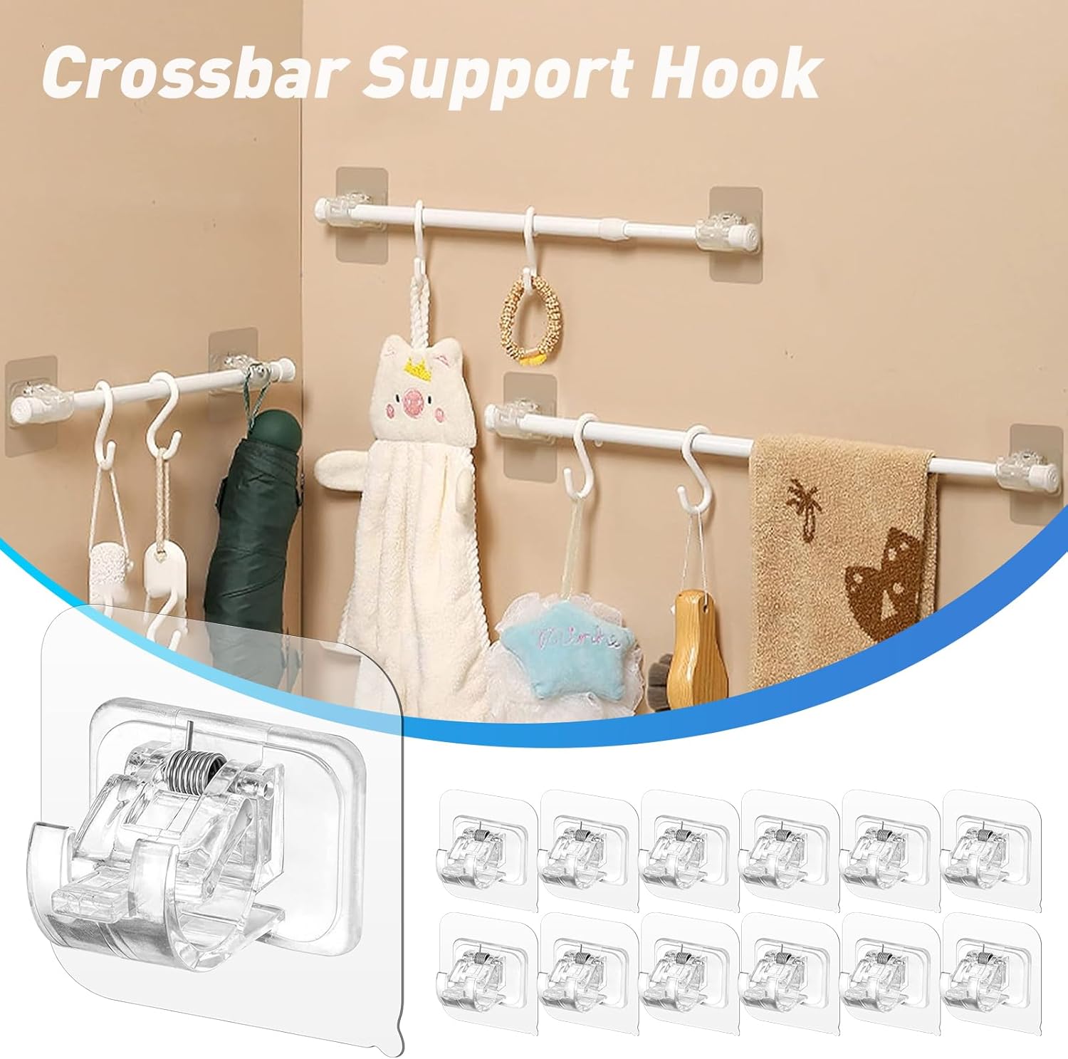 12 Pack Self Adhesive Curtain Rod Holder, No Drill Curtain Rod Brackets, Nail Free Adjustable Curtain Rod Hooks, Curtain Rods No Drilling for Windows Home Kitchen Bedroom Hotel (Transparent)