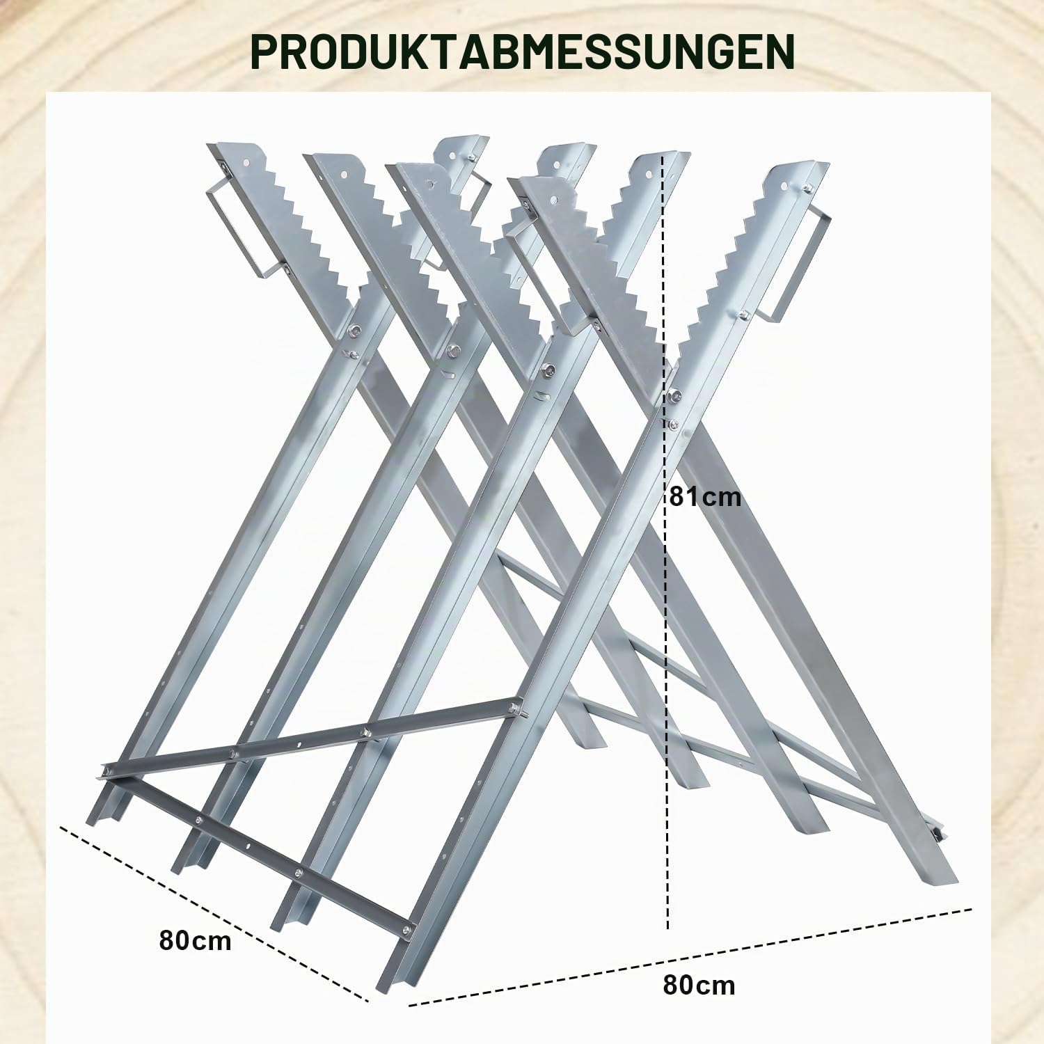 sägebock für kettensägen, stabiler sägebock klappbar aus verzinktem Metall, sägebock holz bis 150 kg, sägebock für kettensäge mit Zahnhaltern, faltbarer Holzsägebock 80 cm Arbeitshöhe