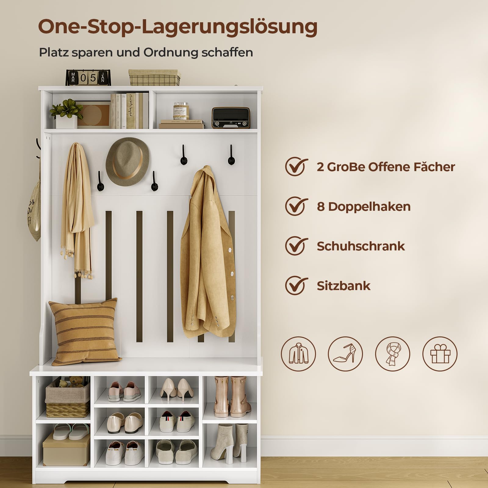 AOGLLATI Garderobenständer mit Schuhbank,Garderoben-Set mit 8 Doppelhaken & Offenem Stauraum, Flurgarderobe Set Kompaktgarderobe mit Schuhschrank für Eingangsbereich Schlafzimmer Wohnzimmer(Weiß)