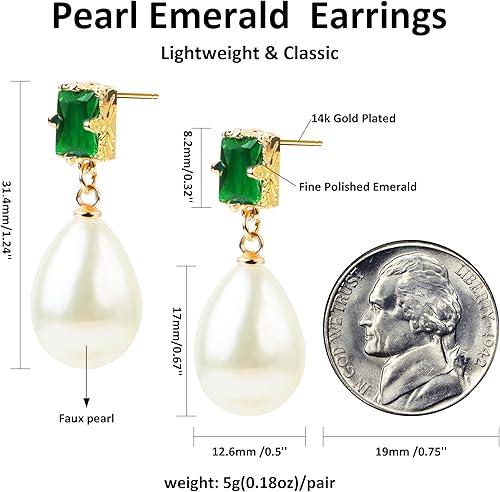 Vista 5 de Aretes de perlas para mujer, aretes de gota de perlas doradas, delicados aretes colgantes de plata para bodas, joyas de lazo como regalo de Navidad