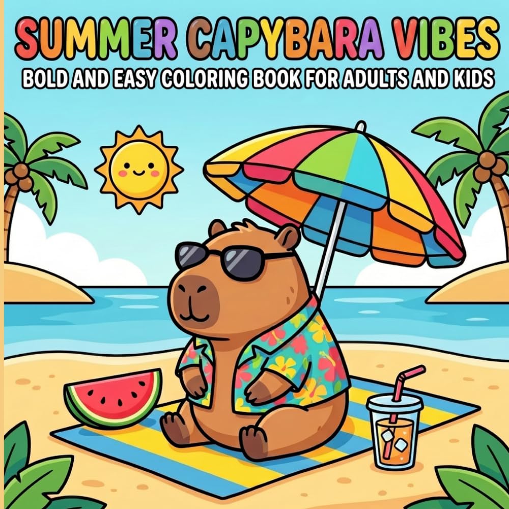 Summer Capybara Vibes: Bold and Easy Coloring Book for Adults and Kids - Simple and Cozy Summer Scenes with Cute Capybaras for Relaxation
