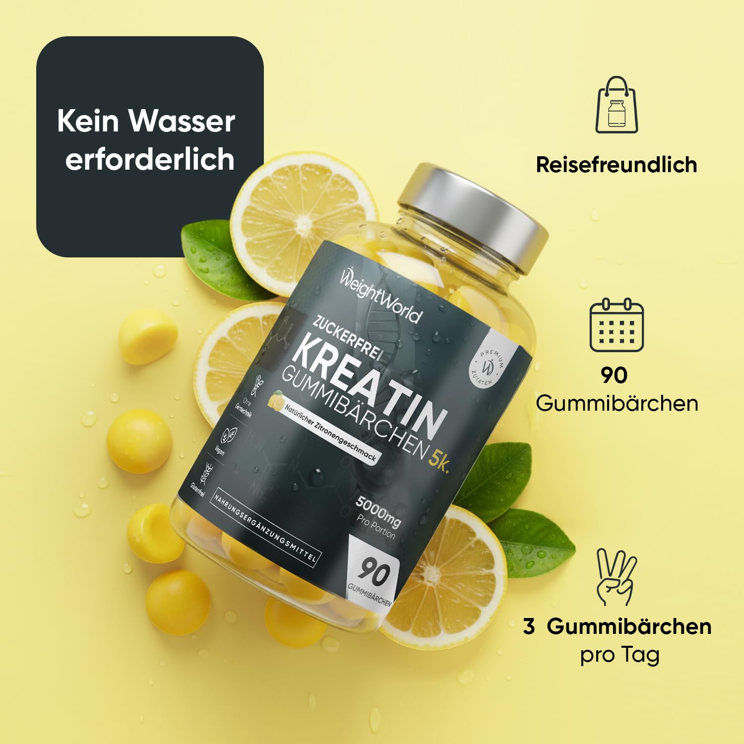 Creatin Monohydrat Gummibärchen - 5000 mg Kreatine pro Portion - 90 Gummibärchen Ohne Zucker - Leckere Kreatin Gummies mit Zitronengeschmack - Ohne Gentechnik - Vegane Gummies - WeightWorld