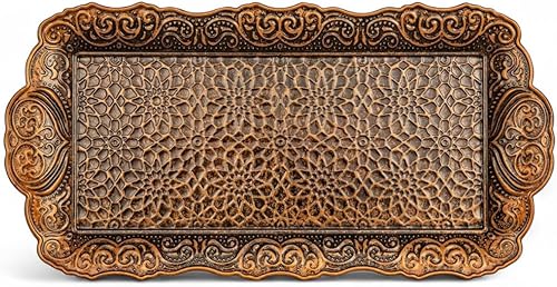 Miniatura 10 de Alisveristime Bandeja pequeña de metal ornamentado para servir – Bandeja decorativa con motivo otomano (14.2 x 7.1 pulgadas, 10.8 onzas) (marrón)