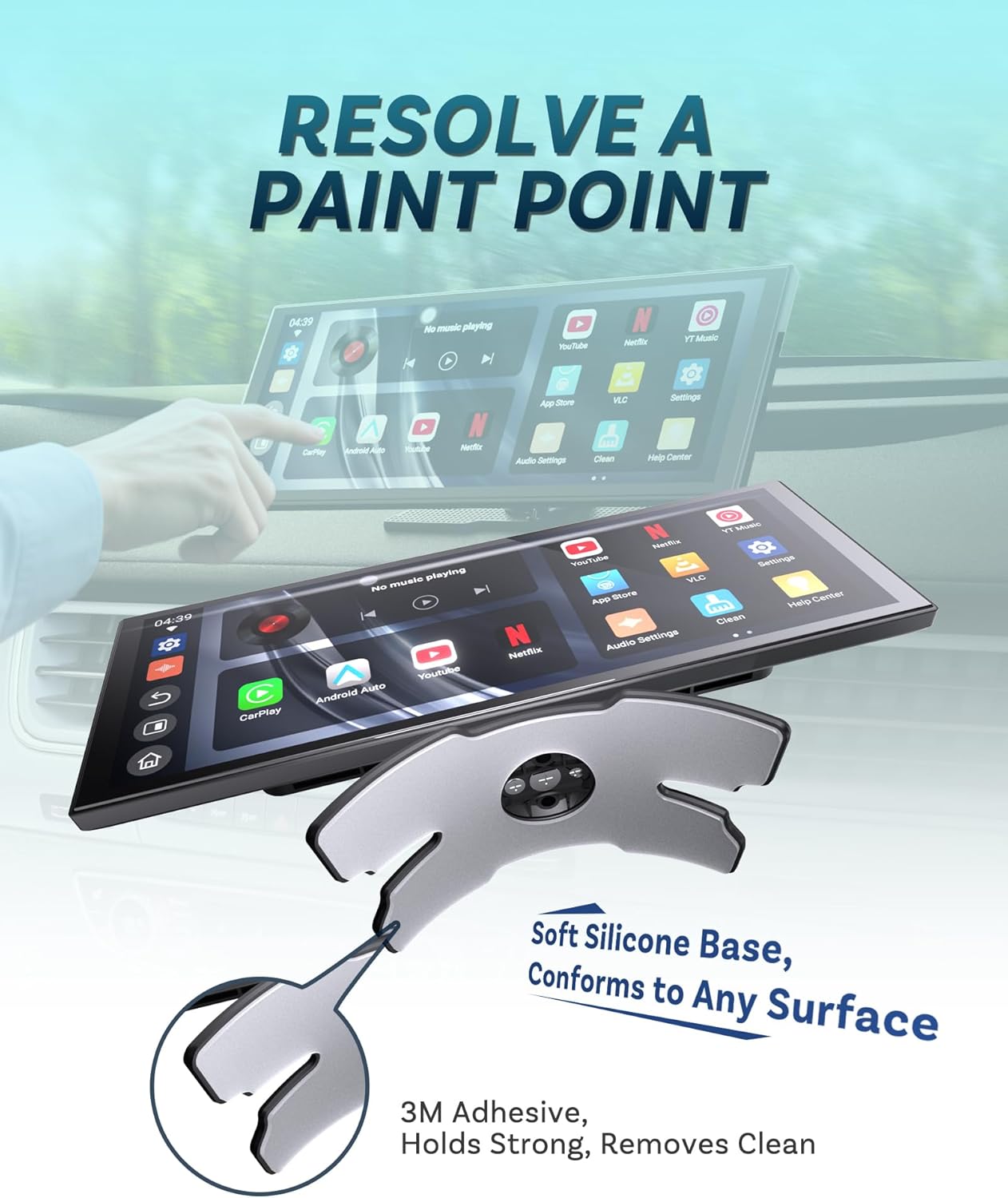 Illustration of the OTTOCAST ScreenFlow stand with 3M adhesive and flexible silicone base.