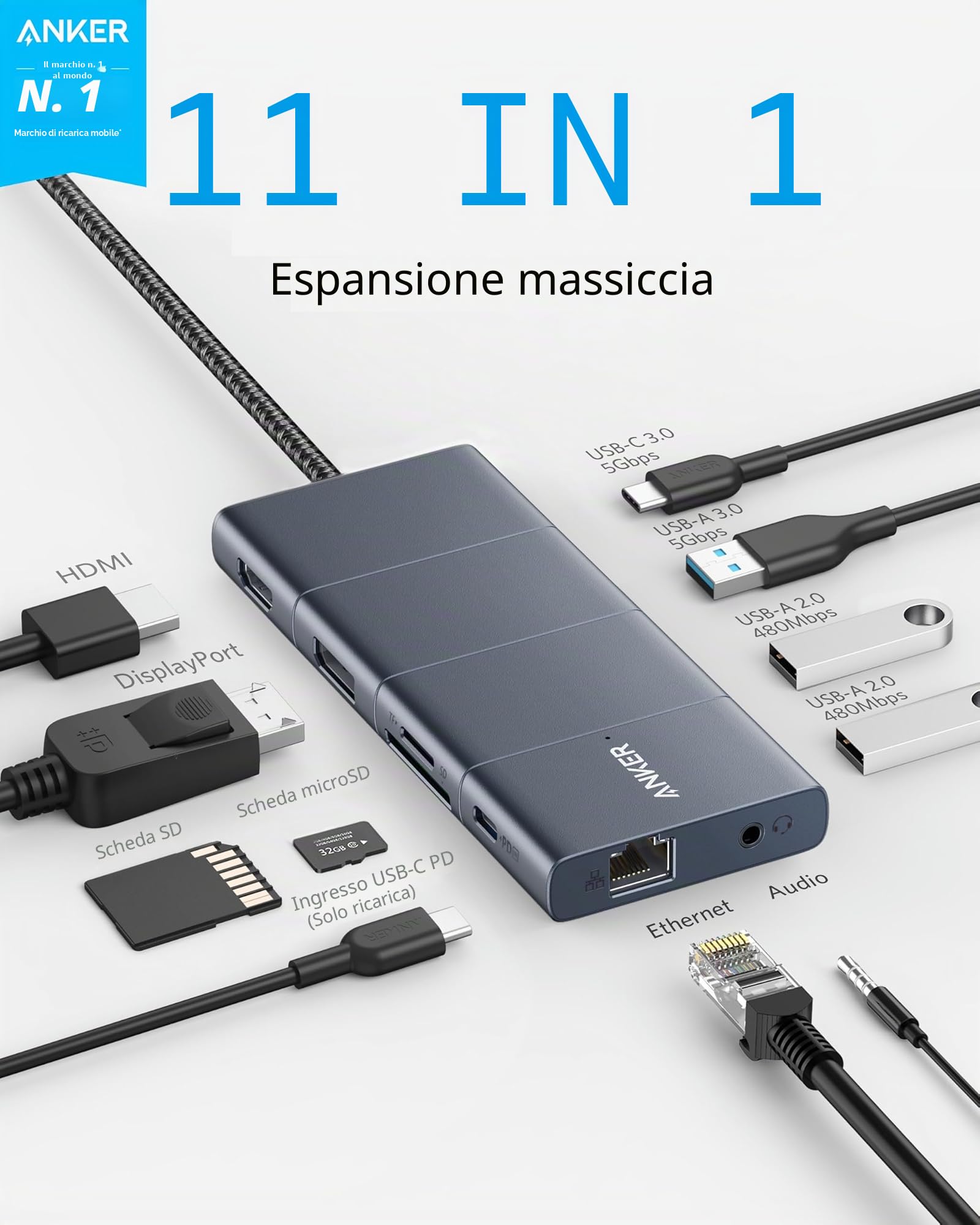 Anker Hub USB C 11 in 1 100W, PowerExpand Adattatore con HDMI 4K 60Hz e DP, 100W Power Delivery, USB C e 3 Porte Dati USB A, Ethernet 1 Gbps, Audio 3,5 mm, Lettore Schede MicroSD e SD