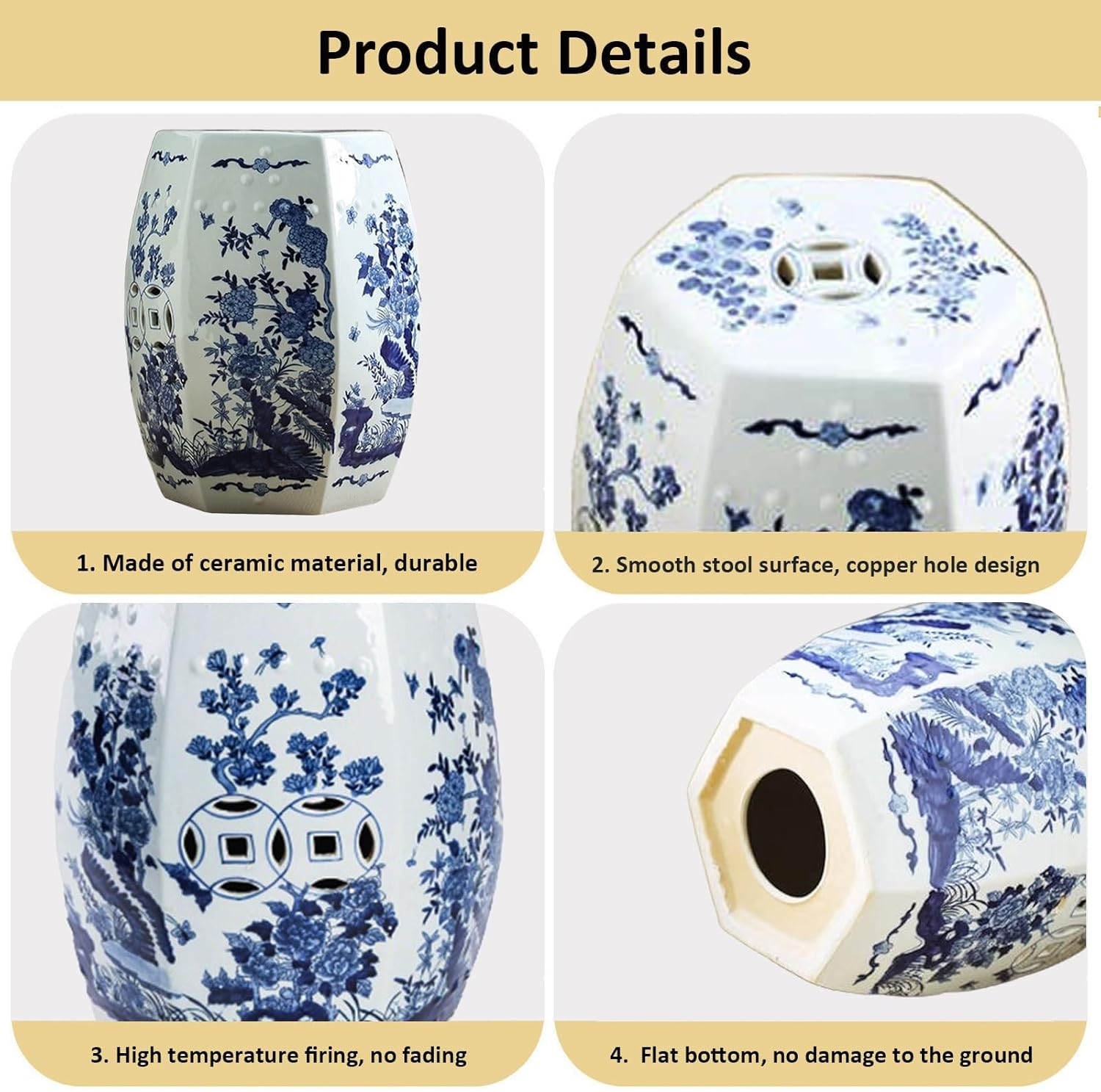 Drum Stool,Garden Stool, Decorative Ceramic Garden Stool, Glazed Hollow Celadon Shoe-Changing Stool Drum Stool, Suitable for Outdoor Garden, Living Room, Terrace, Etc.