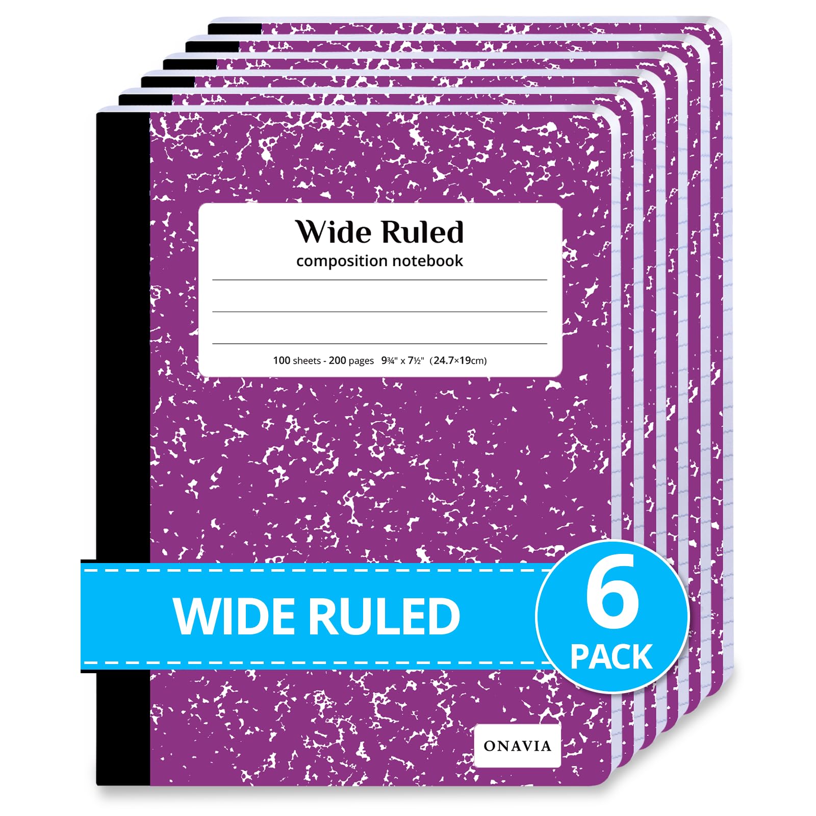 ONAVIA Composition Notebook Wide Ruled 6 Pack, 200 Pages (100 Sheets), 9-3/4 x 7-1/2, Marble Composition Books Bulk, Notebooks for School, Work,