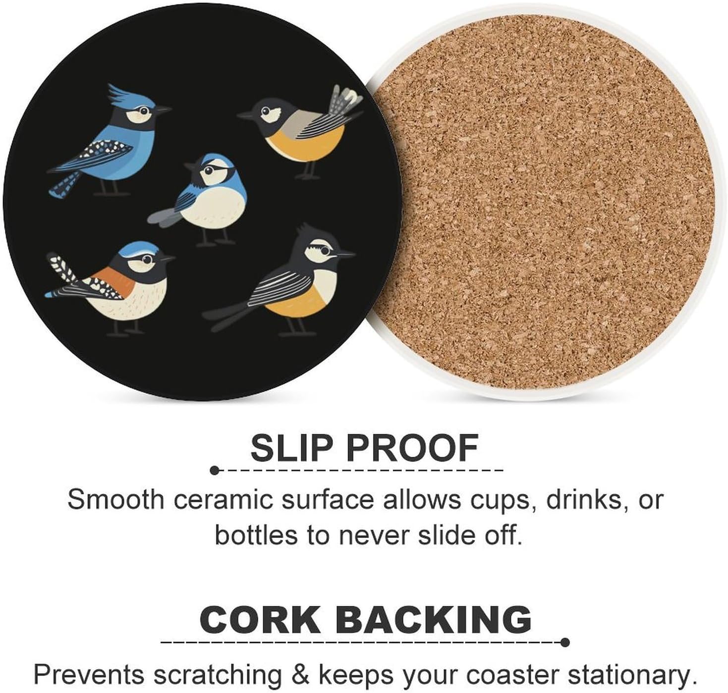 Cute Birds Funny Round Ceramic Coasters for Drink Absorbent Cup Holders Tabletop Protection