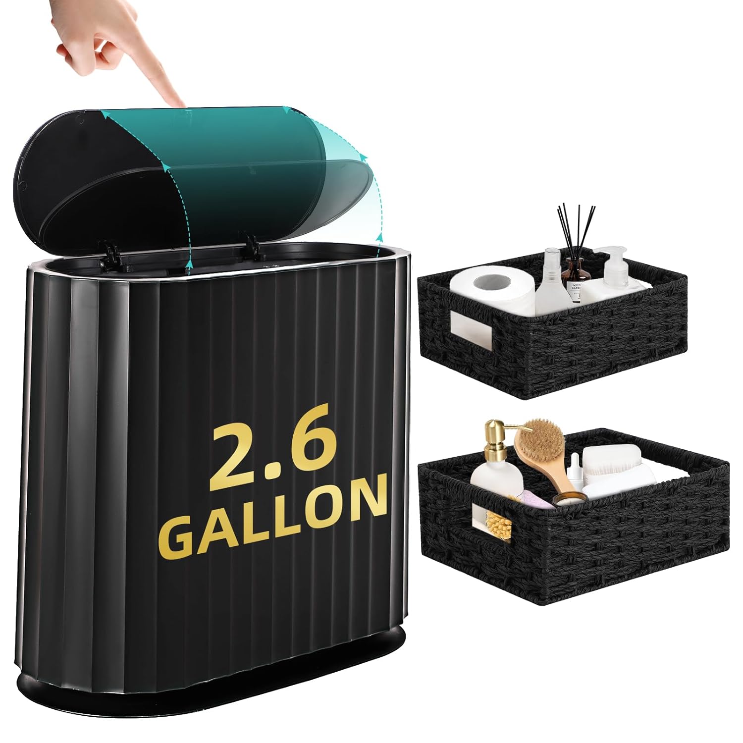 XLHOMO Small Bathroom Trash Can with Press Type Lid, 2Pcs Wicker Storage Baskets,Slim Black Bathroom Trash Can,Slim Plastic Narrow Trash Bin 2.6 Gallon Garbage Can