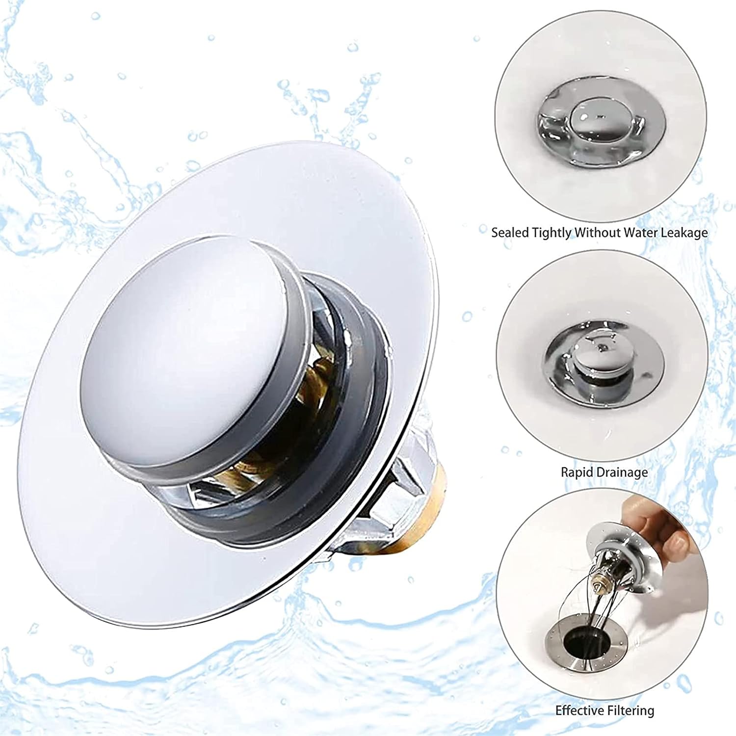 Universal 1 1/4 in Silver Stainless Steel Pop-Up Drain Stopper, Bathroom Sink Stopper Replacement, Sink Drain Hair Catcher