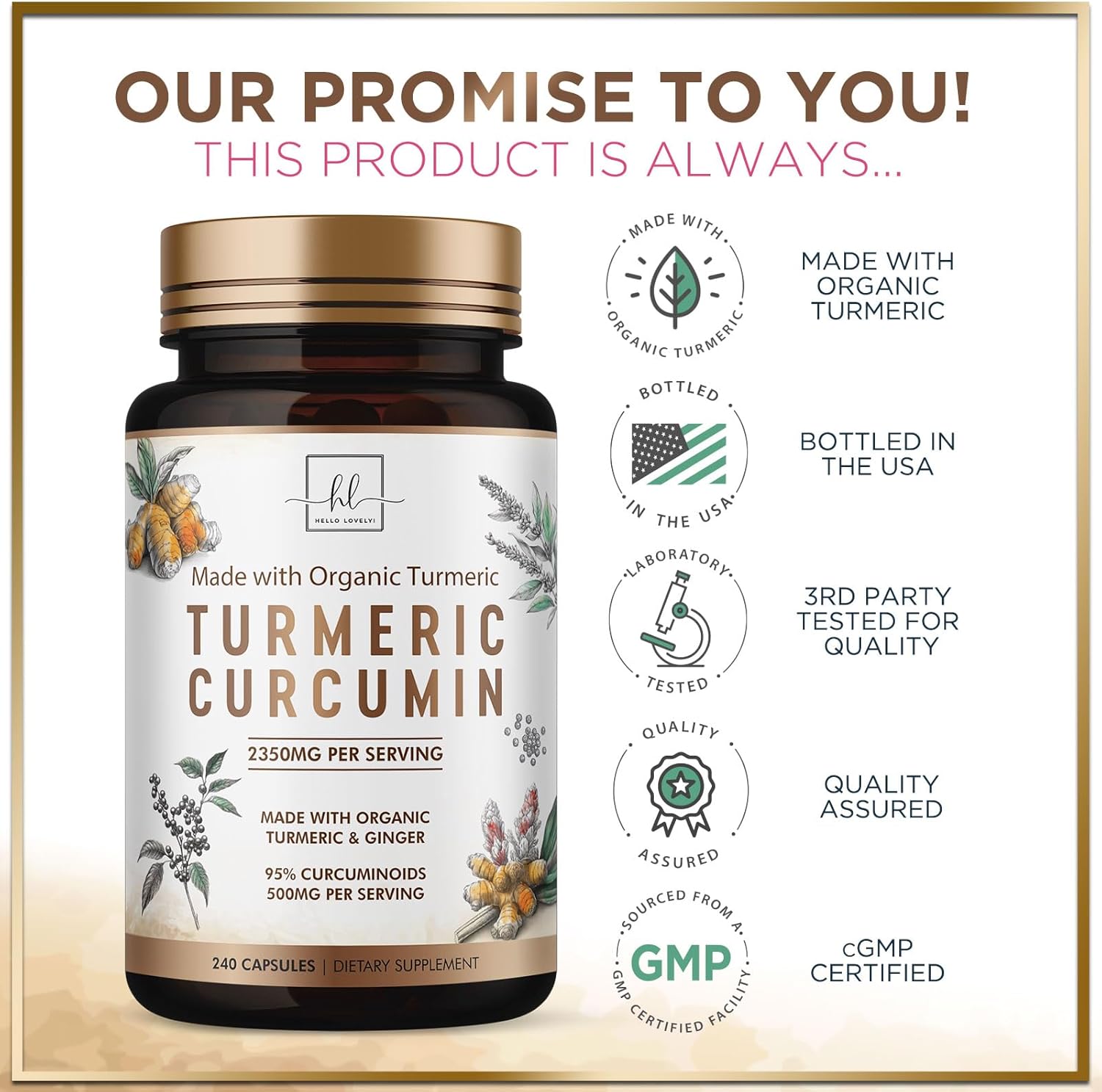 Turmeric Curcumin Supplement with 95% Curcuminoids, Organic Turmeric & Ginger 1750mg, BioPerine Black Pepper for Best Absorption, Nature's Vegan Joint Support, Non-GMO, Bottled in USA - 240 Capsules - Image 4
