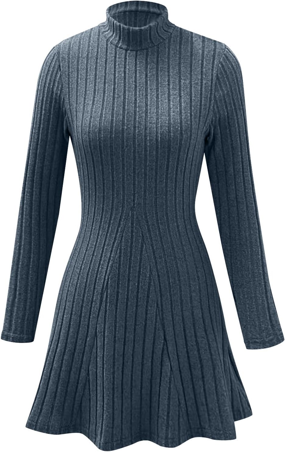 Long Sleeve Sweater Dress for Women Fall Ribbed Knit Mock Neck Baby Doll Dresses Casual Pleated Swing Midi Dress