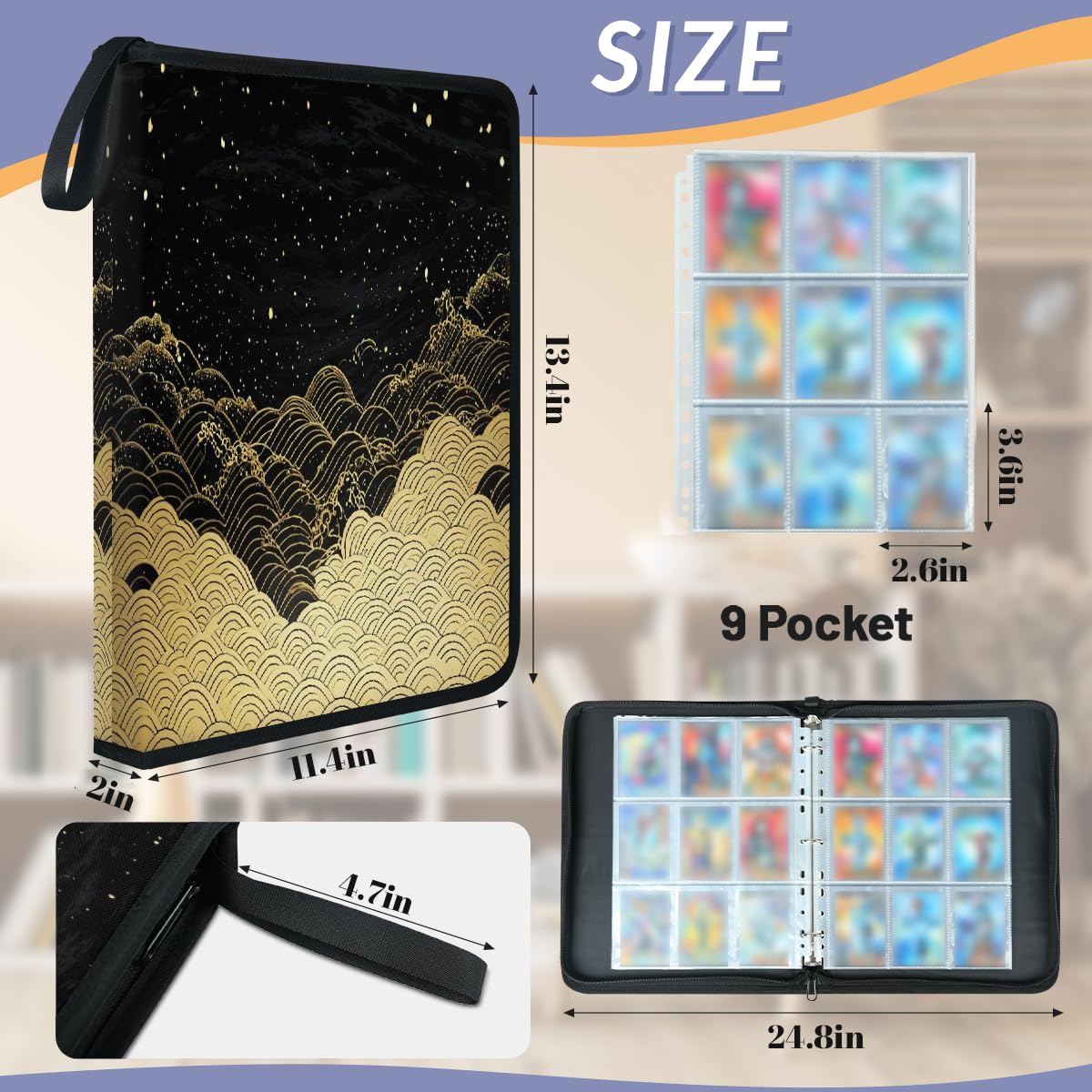 Carpeta de tarjetas coleccionables con 9 bolsillos con impresión japonesa, álbum de tarjetas de ondas doradas con fundas extraíbles, libro de tarjetas impermeable con cremallera, capacidad para 50